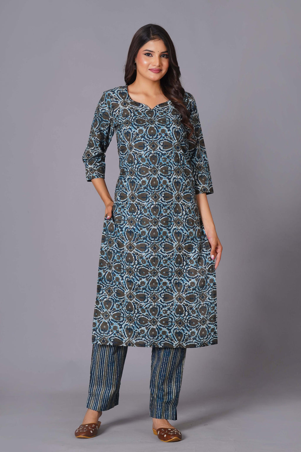 Azure Geometric Bloom Cotton Suit Set