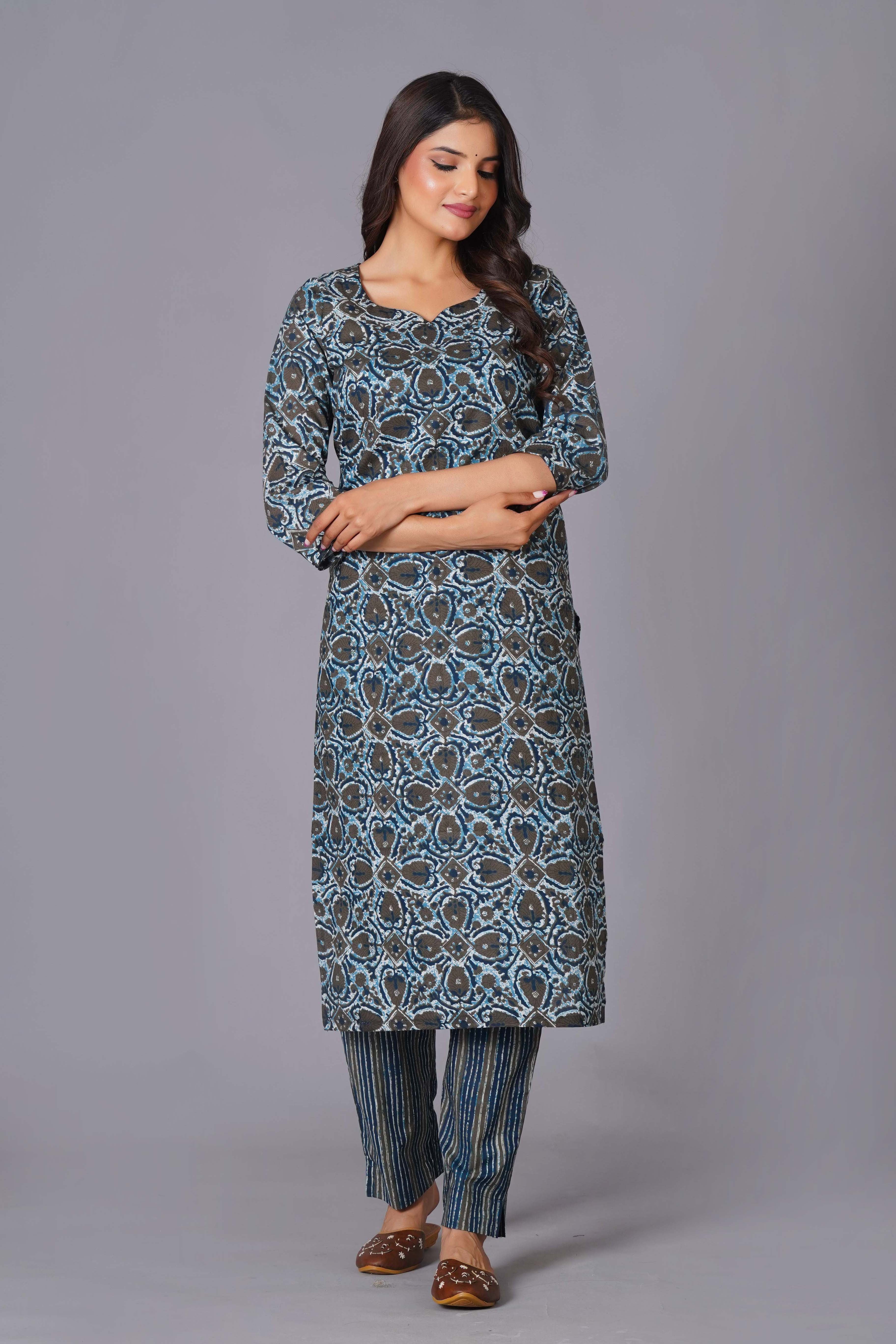 Azure Geometric Bloom Cotton Suit Set