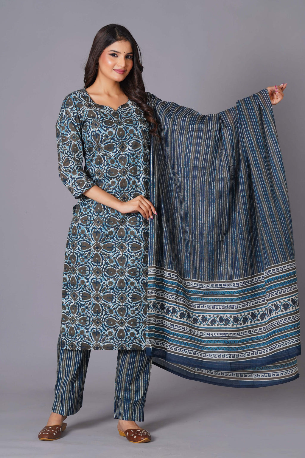 Azure Geometric Bloom Cotton Suit Set