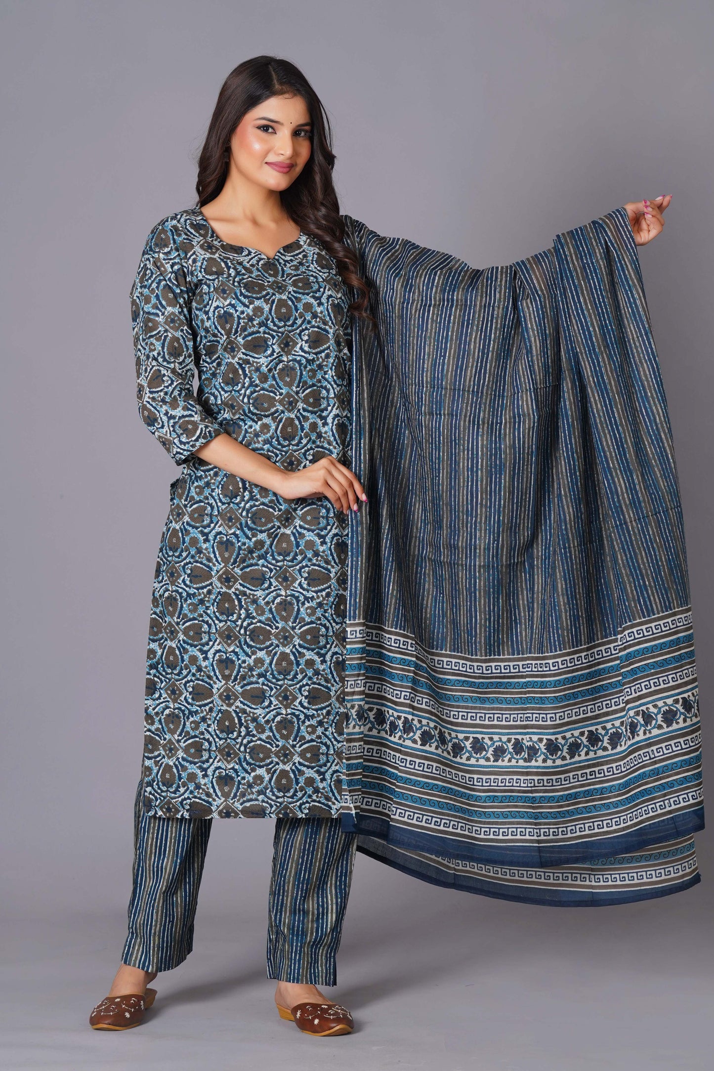 Azure Geometric Bloom Cotton Suit Set