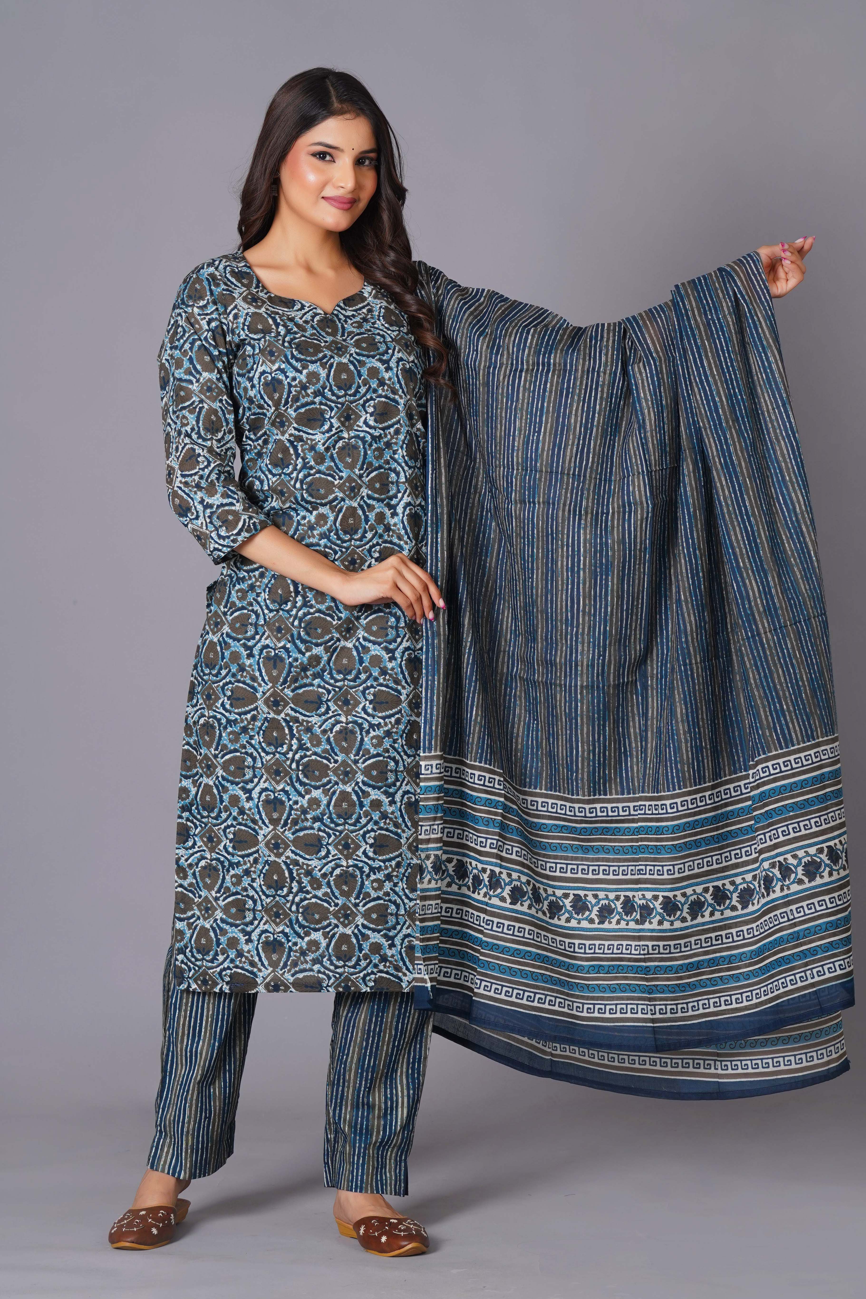 Azure Geometric Bloom Cotton Suit Set