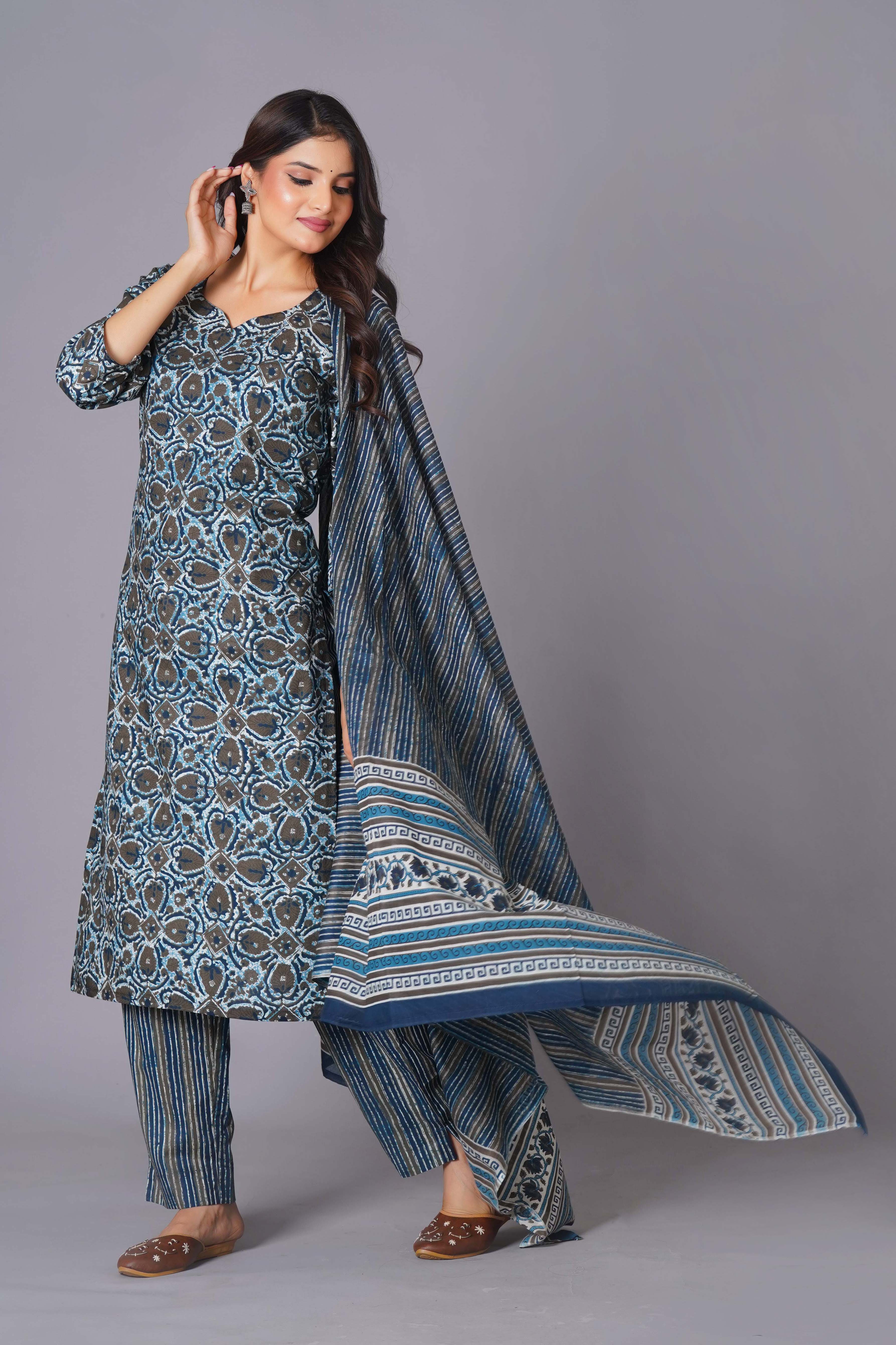 Azure Geometric Bloom Cotton Suit Set
