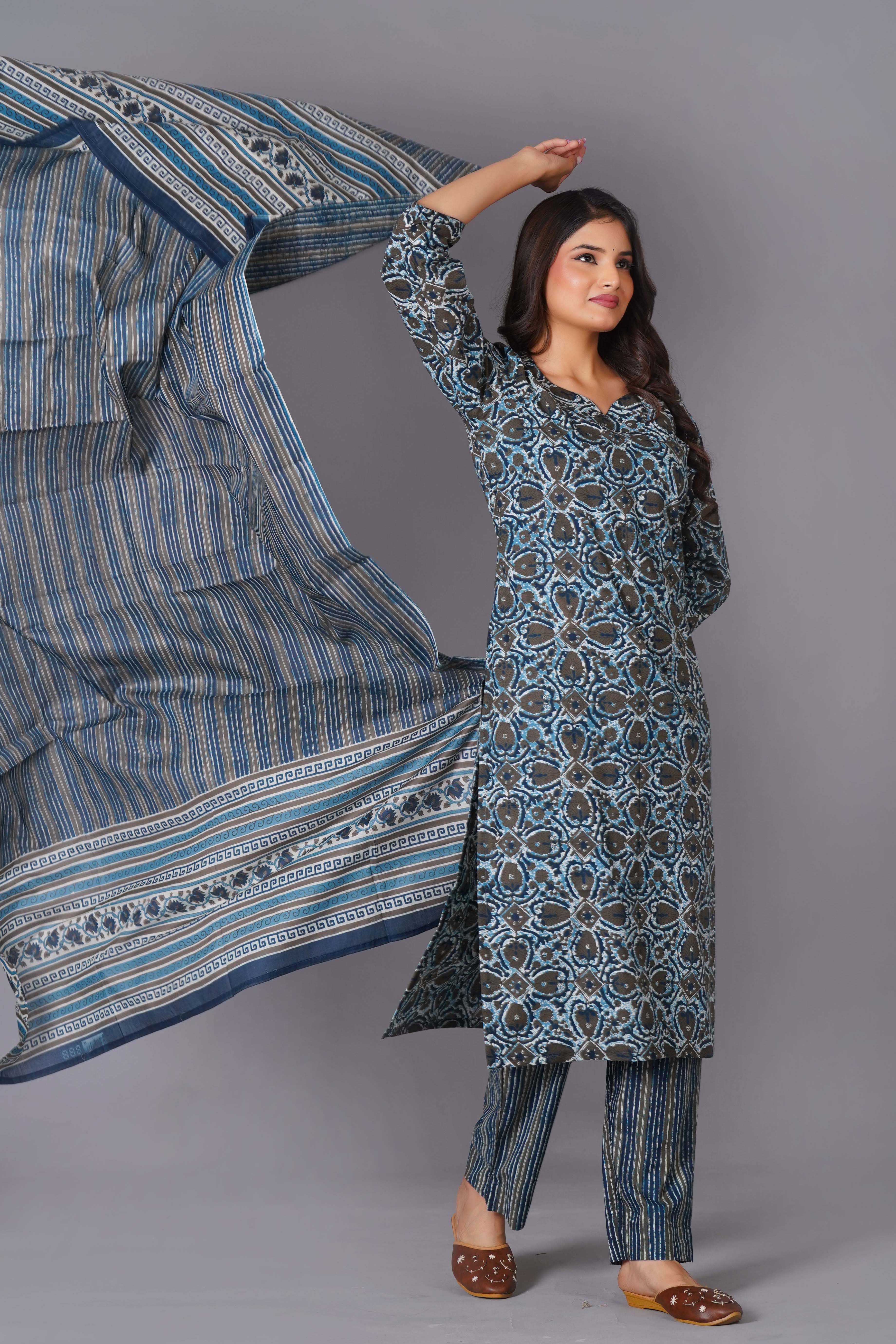 Azure Geometric Bloom Cotton Suit Set