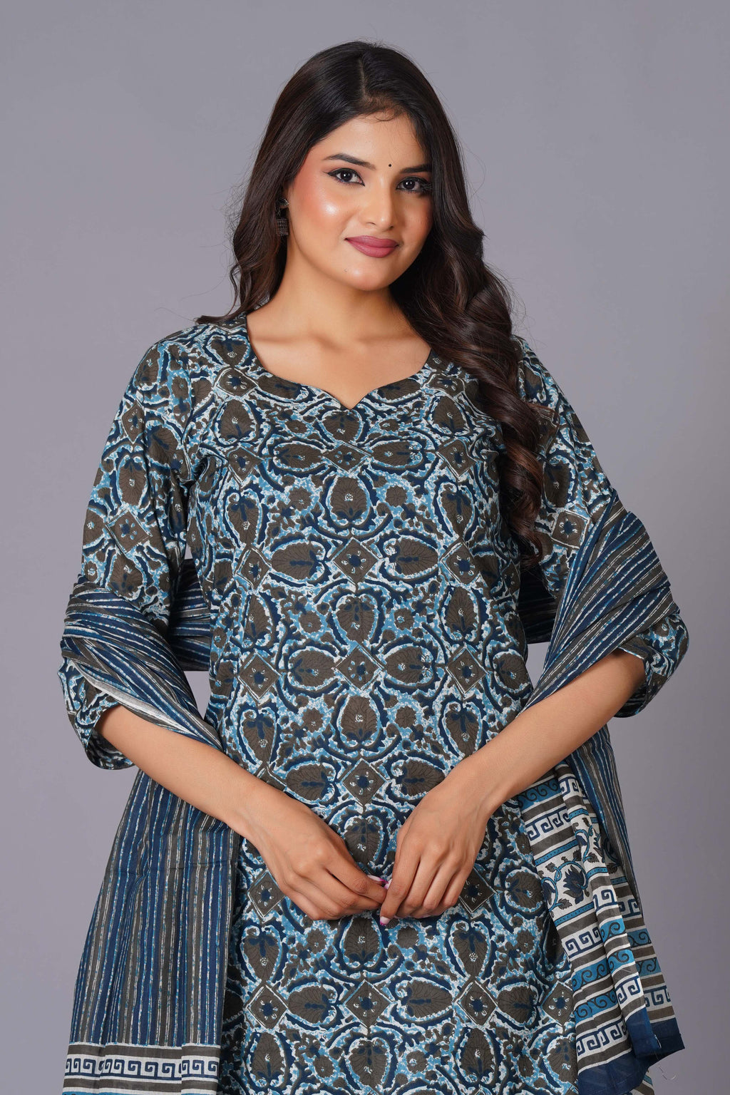 Azure Geometric Bloom Cotton Suit Set