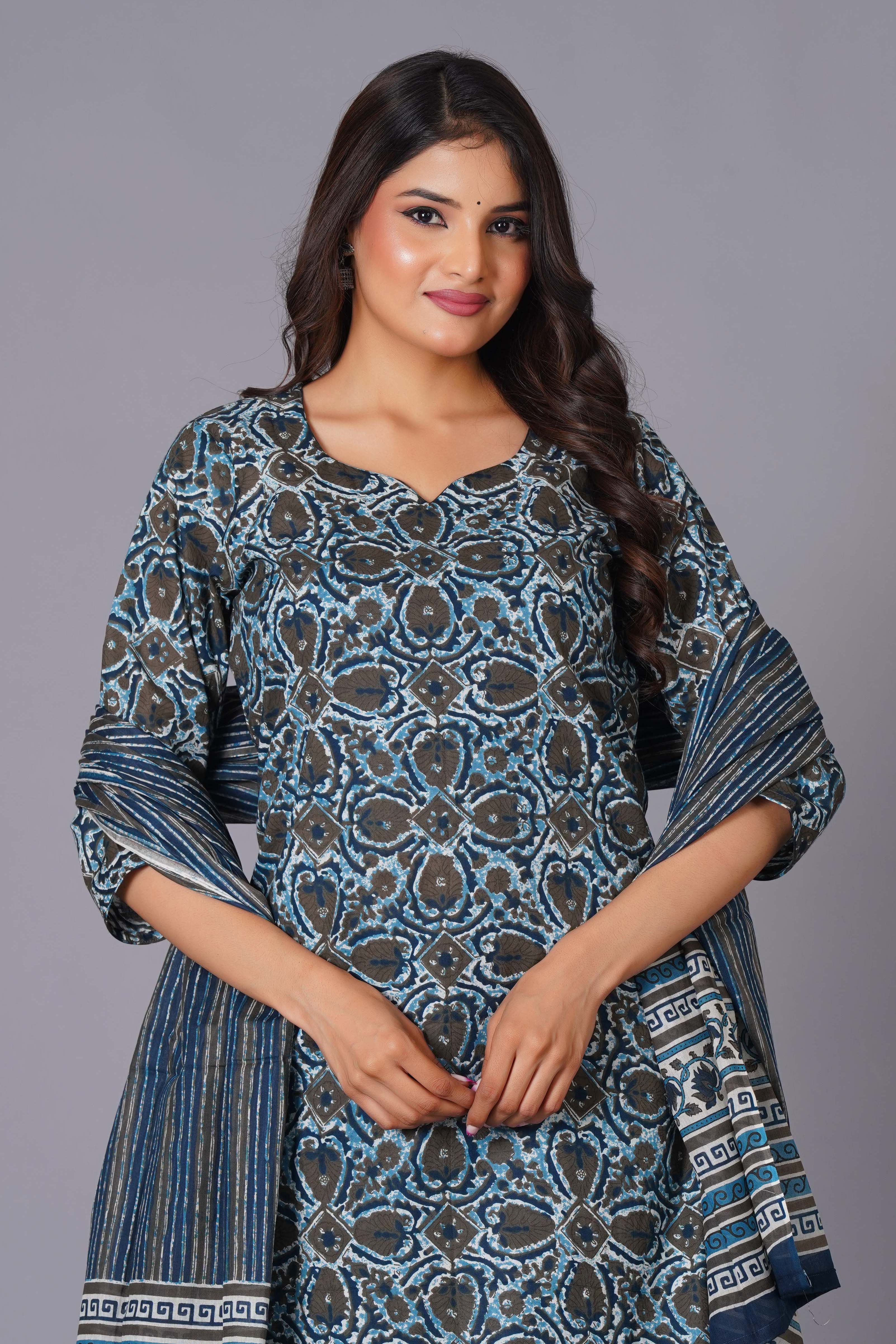 Azure Geometric Bloom Cotton Suit Set