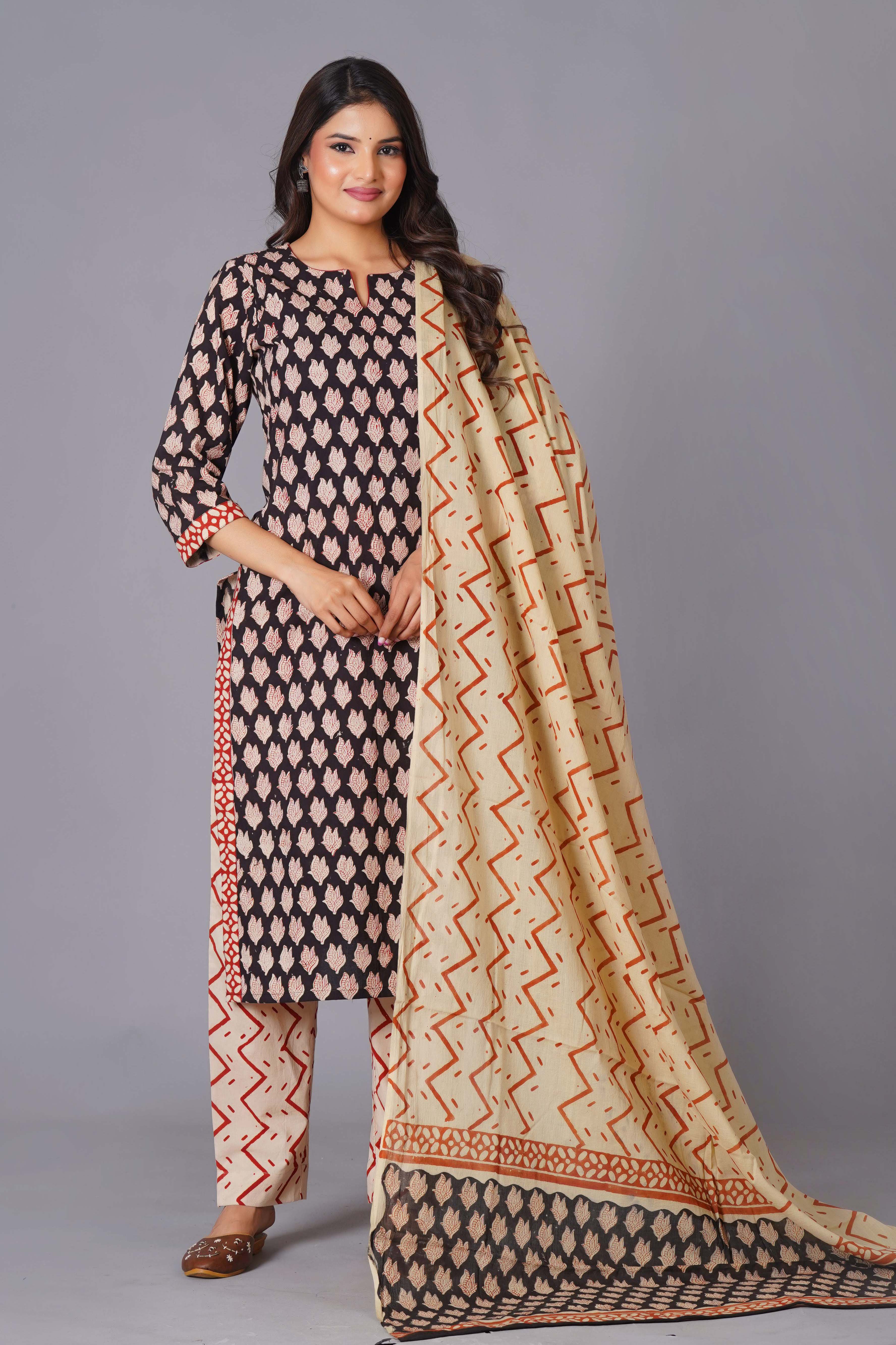 Noir Leaf Handblock Cotton Suit Set