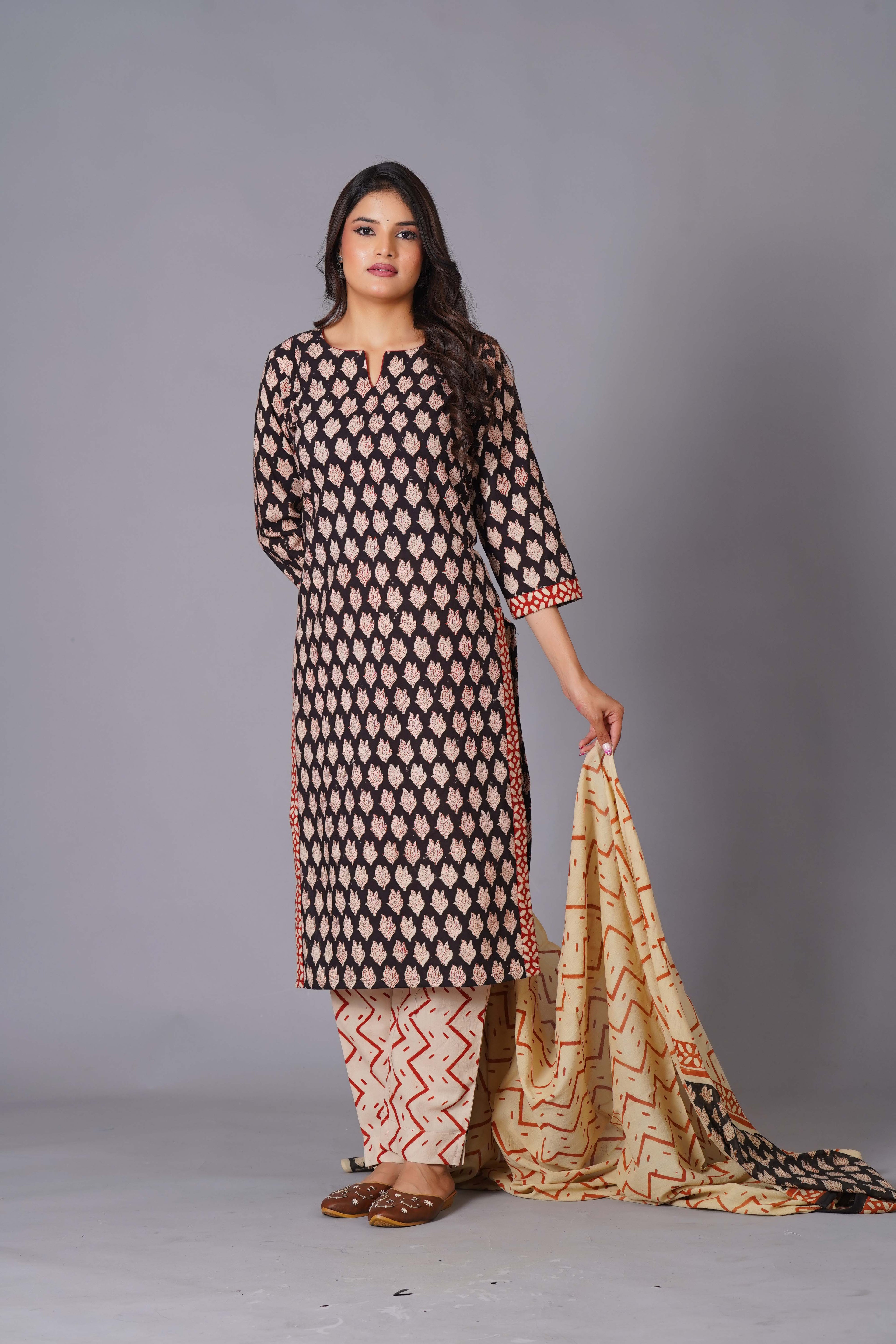 Noir Leaf Handblock Cotton Suit Set