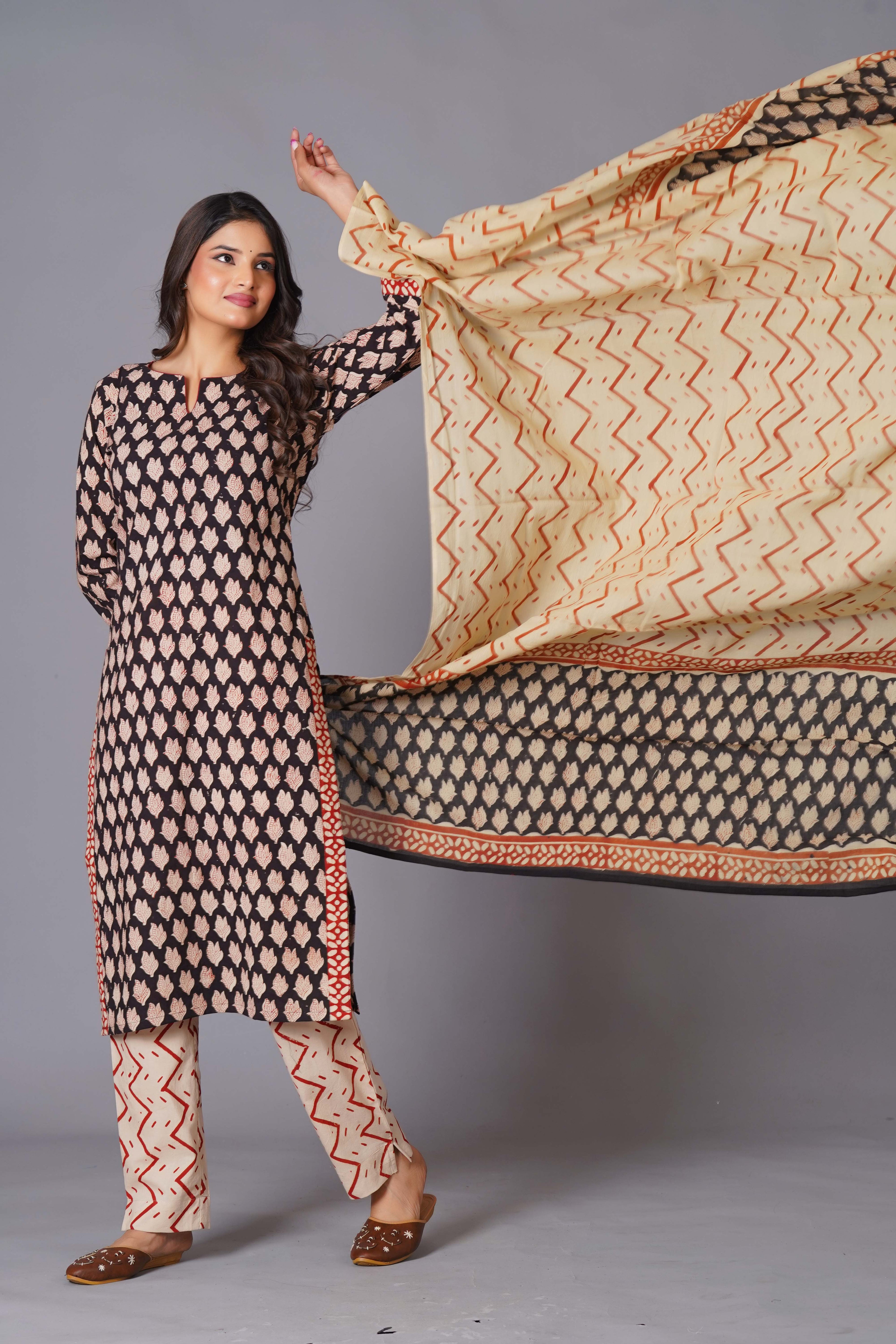 Noir Leaf Handblock Cotton Suit Set