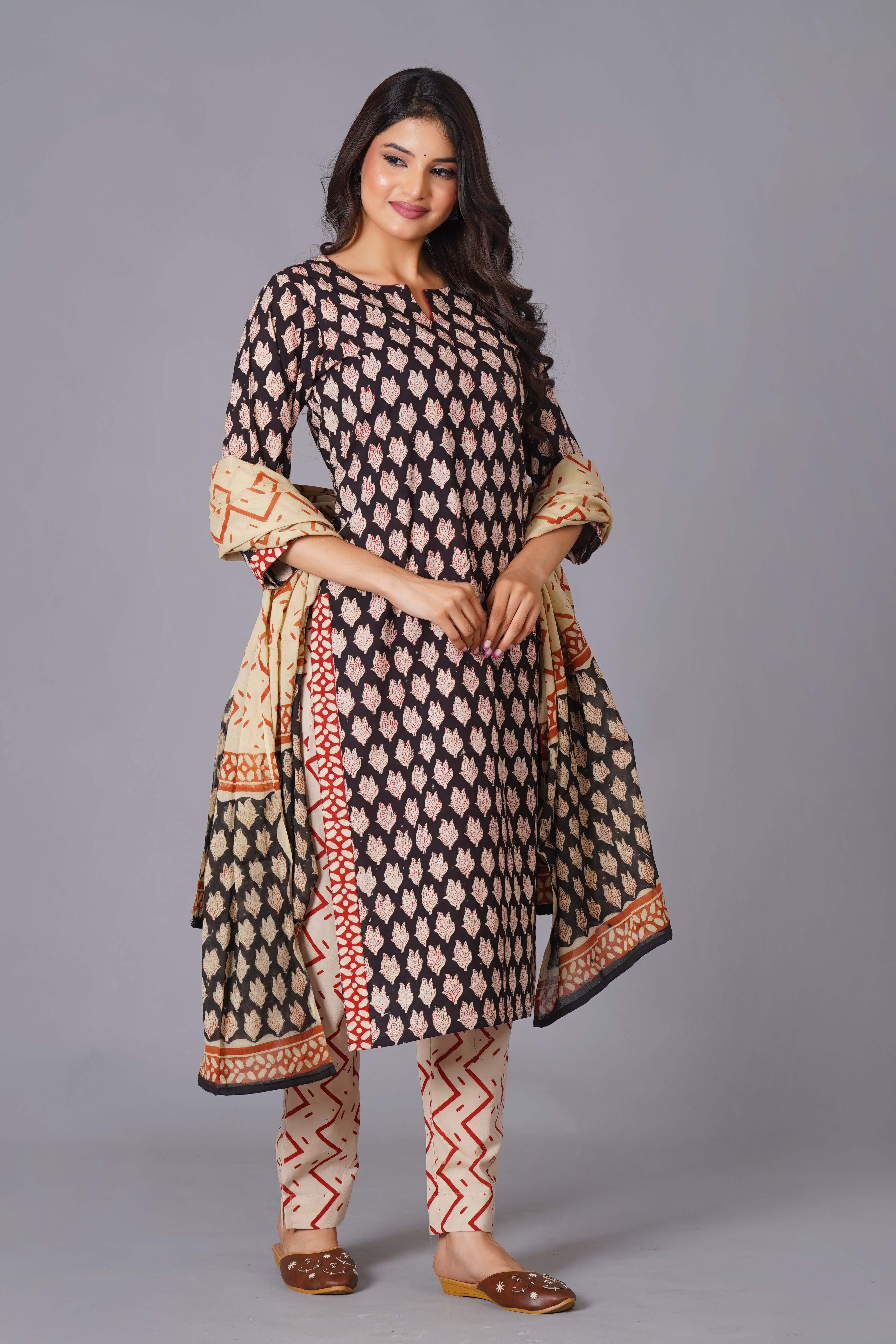 Noir Leaf Handblock Cotton Suit Set