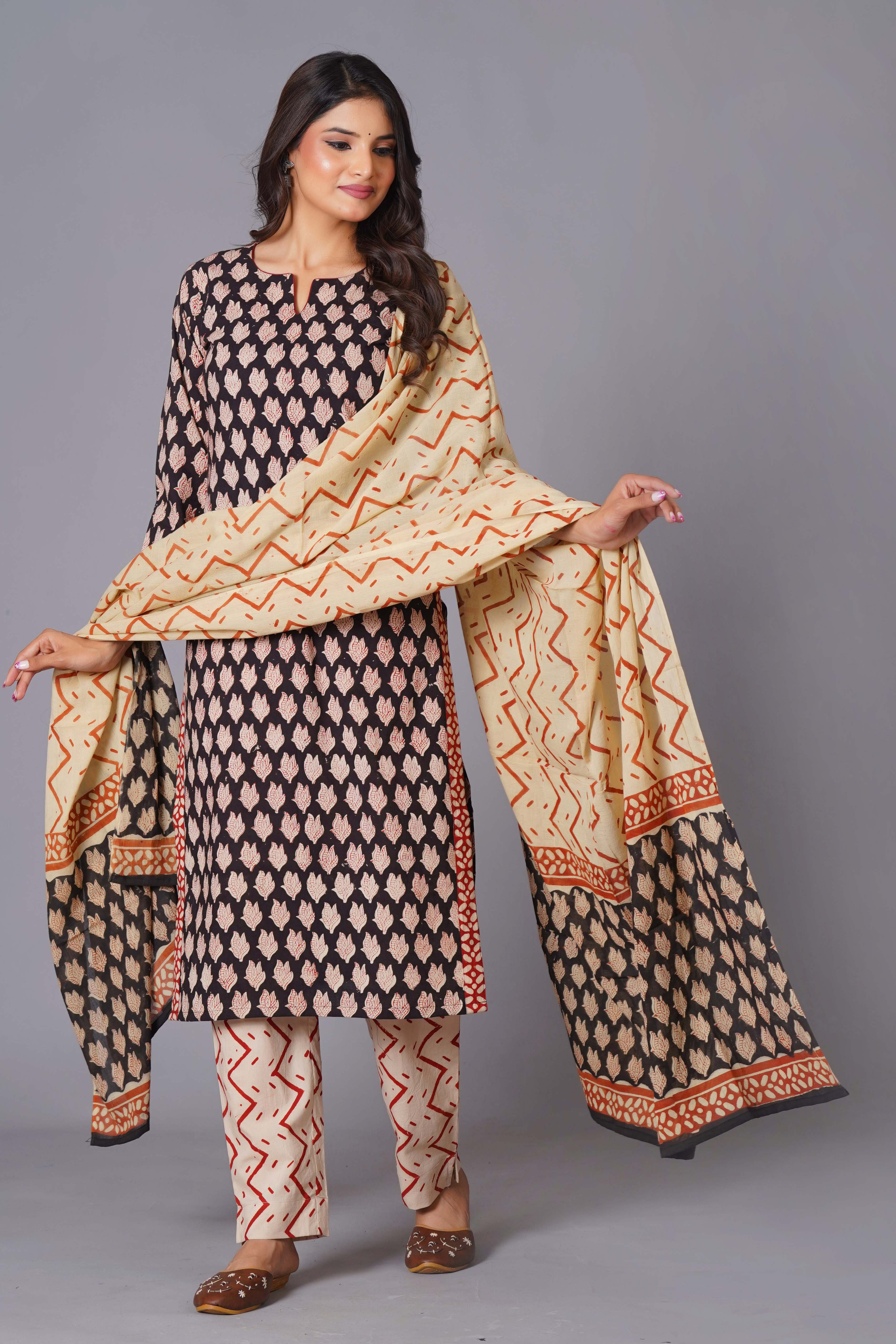 Noir Leaf Handblock Cotton Suit Set