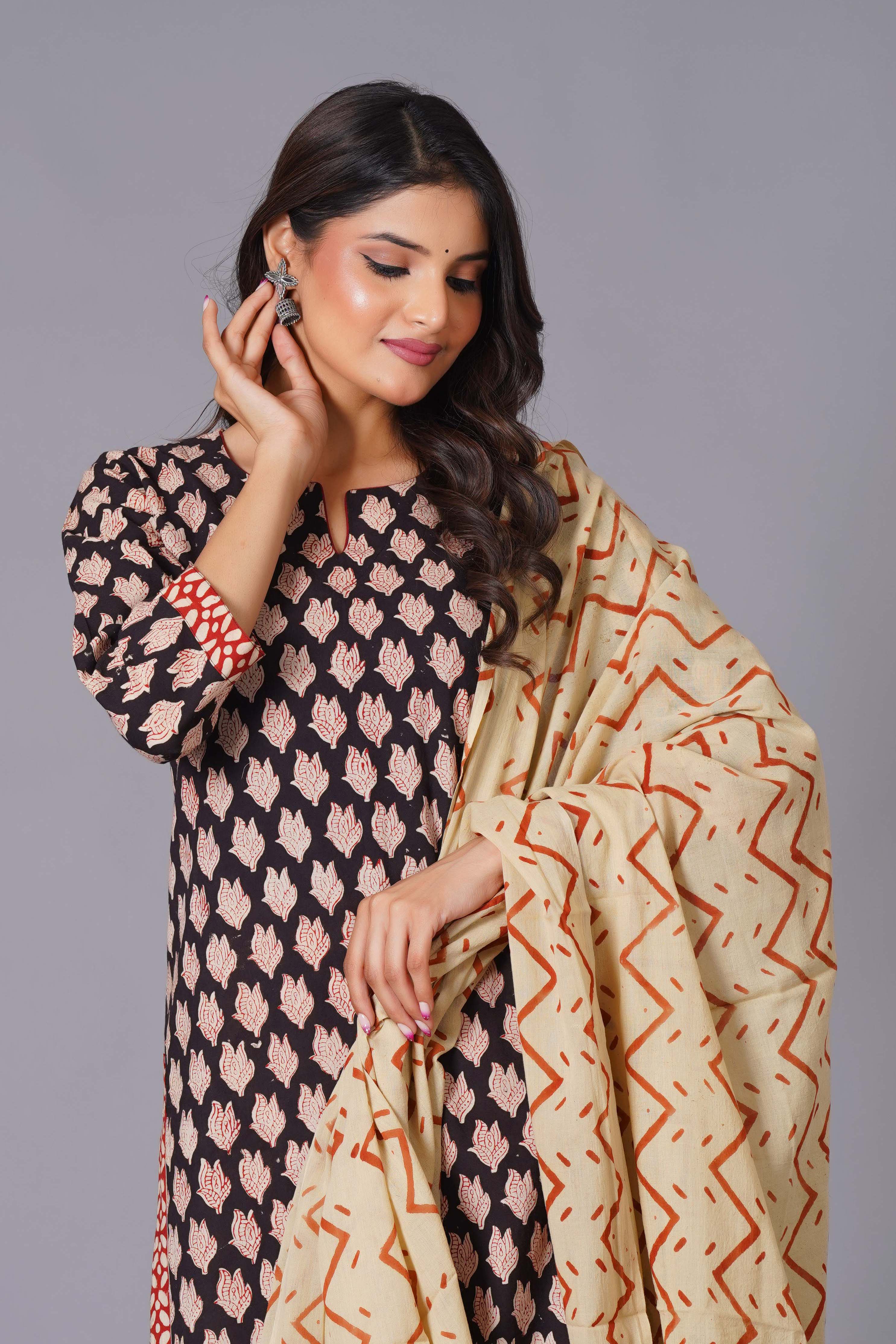 Noir Leaf Handblock Cotton Suit Set