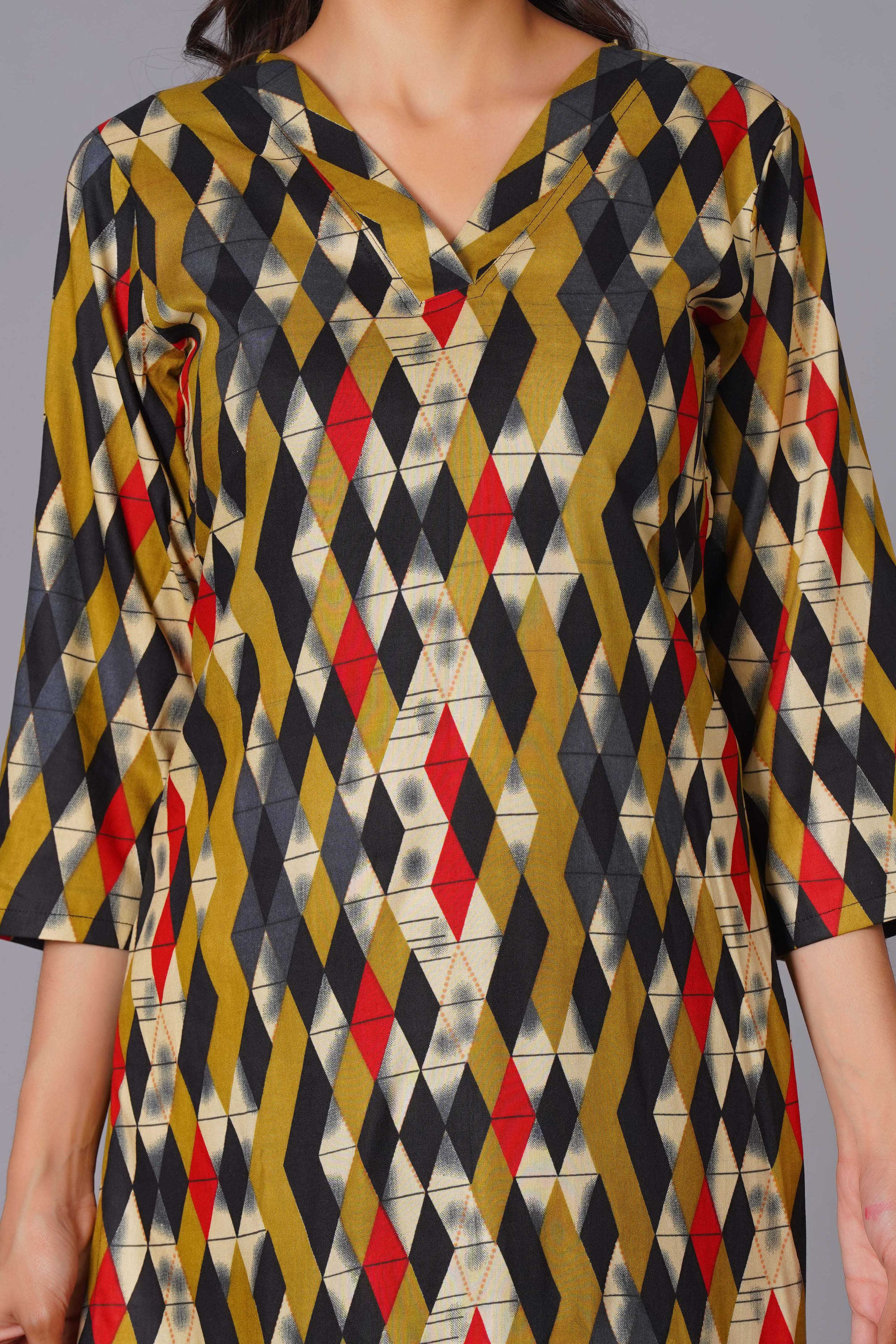 Geometric Flair Multi-Color Rayon Suit Set