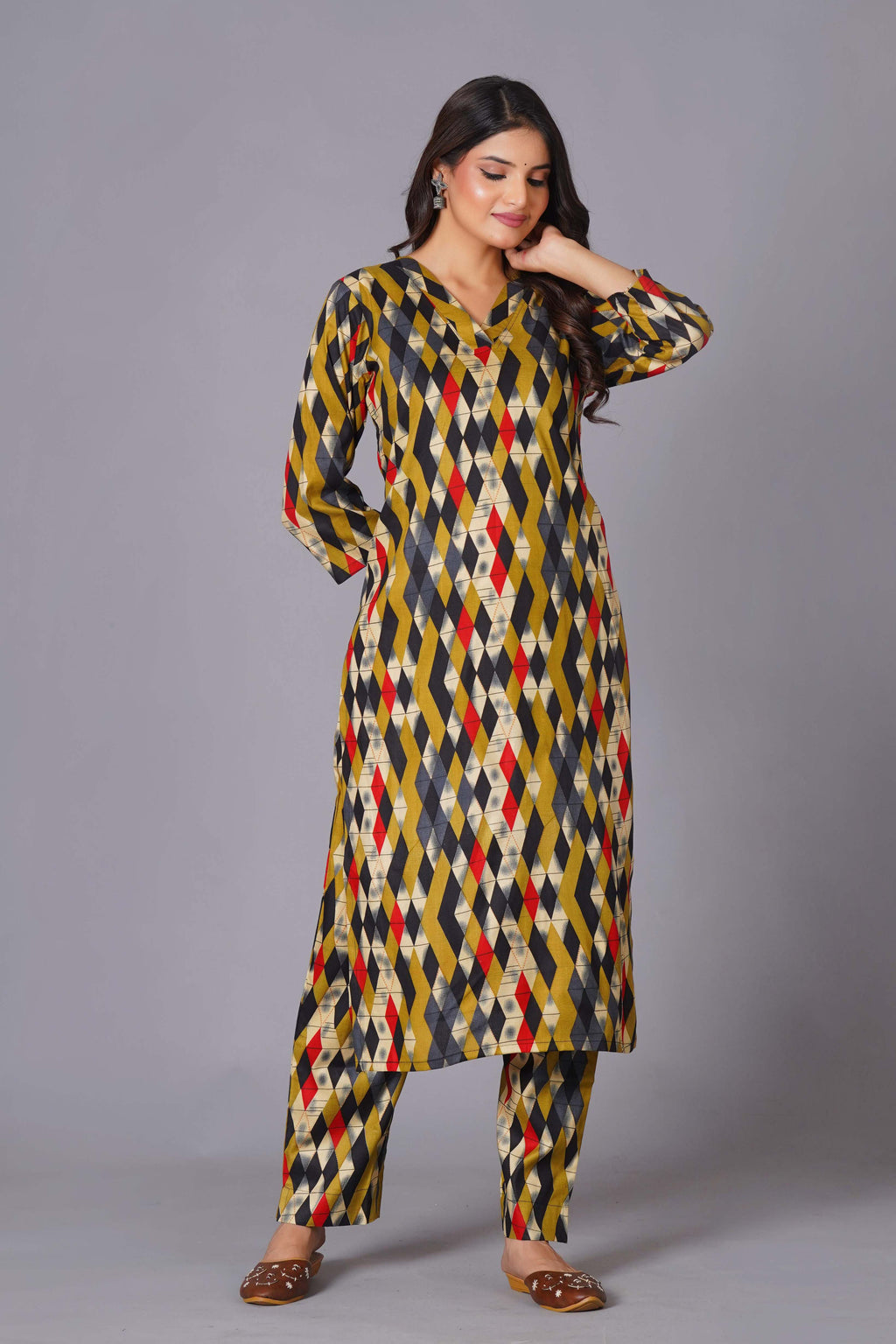 Geometric Flair Multi-Color Rayon Suit Set