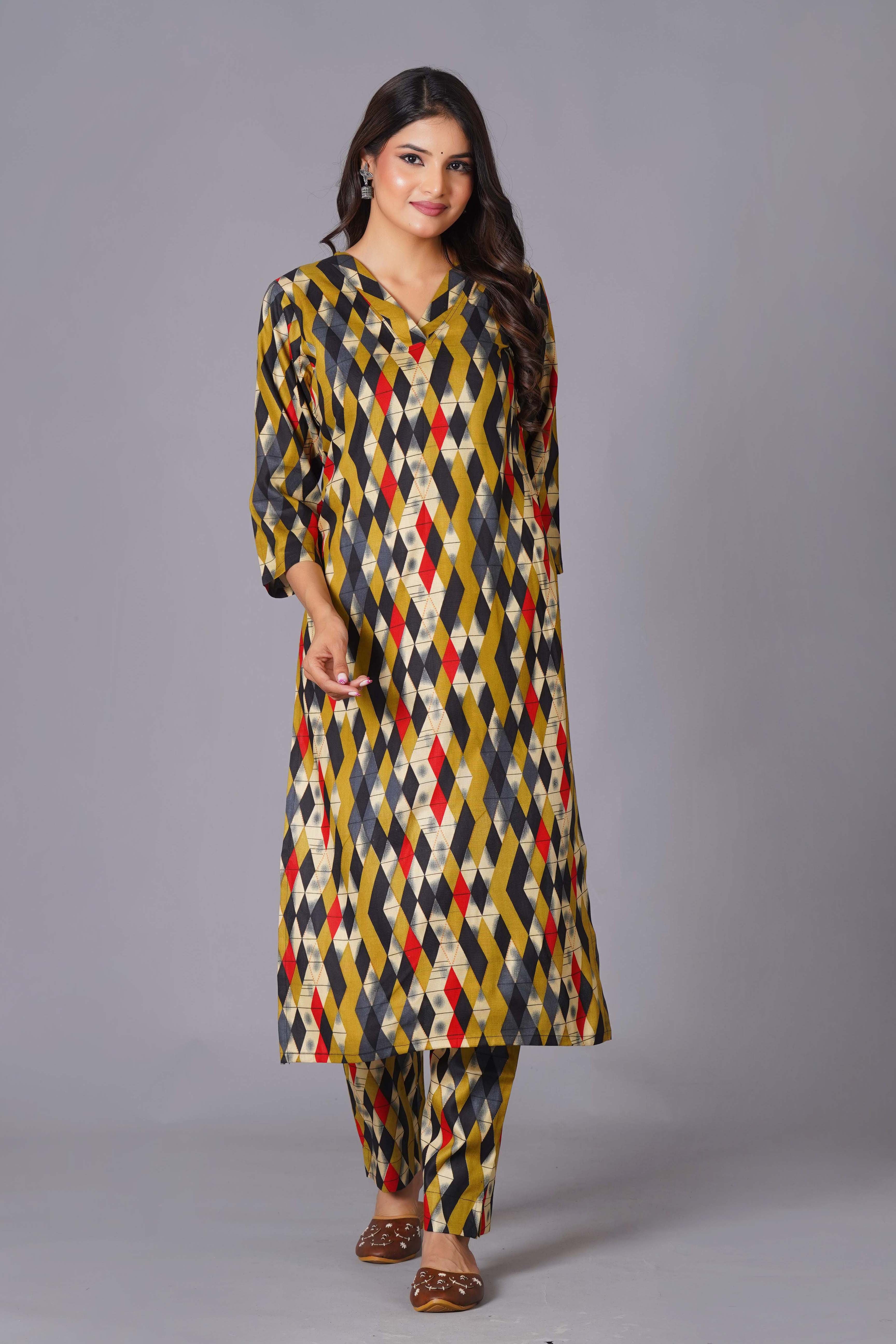 Geometric Flair Multi-Color Rayon Suit Set