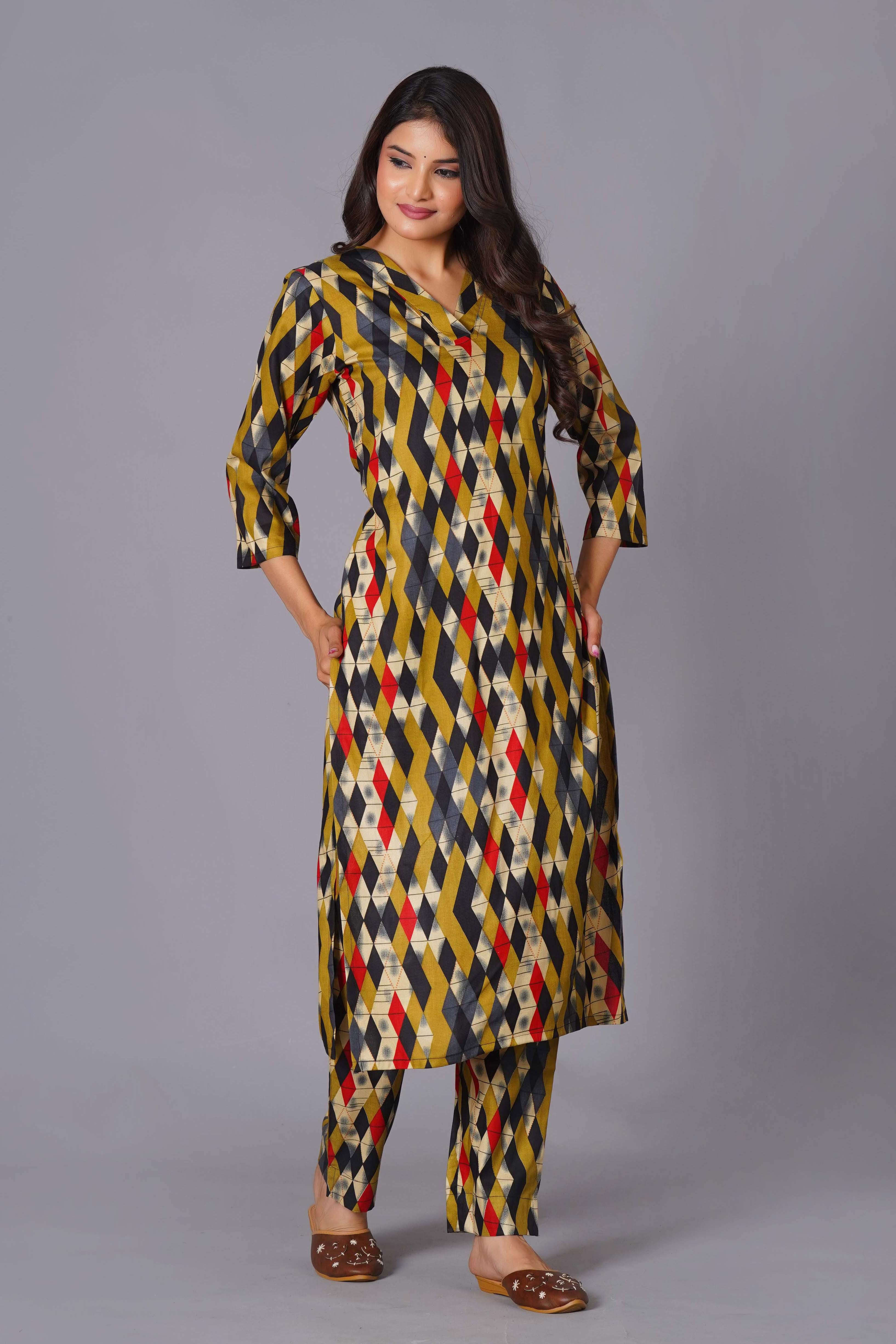 Geometric Flair Multi-Color Rayon Suit Set