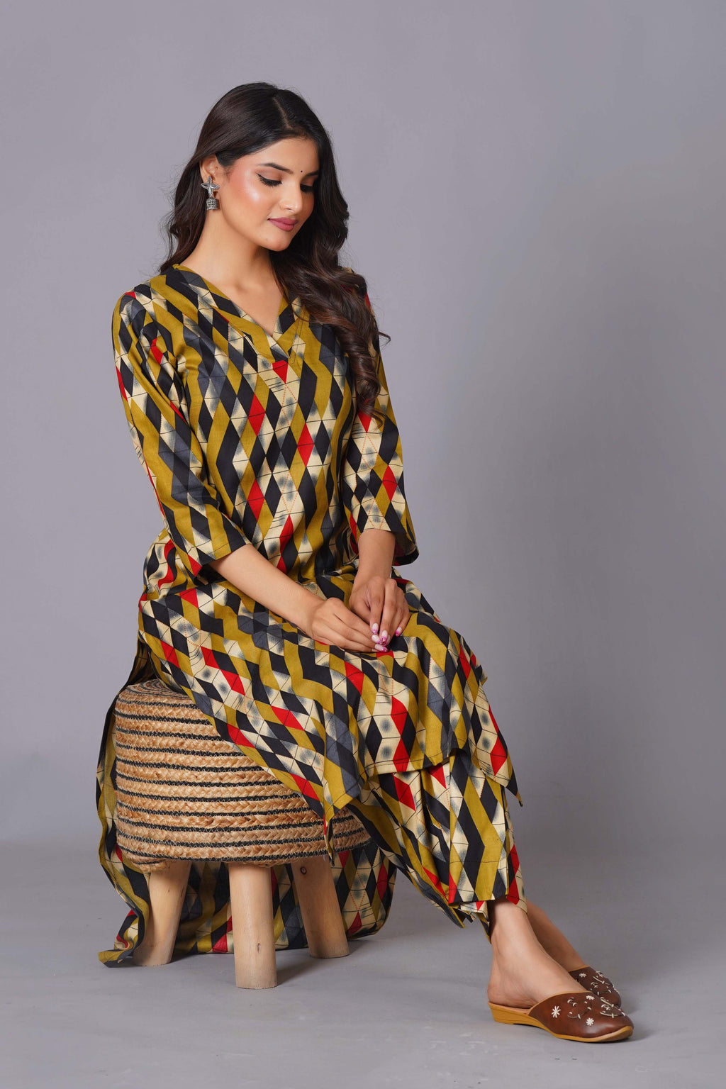 Geometric Flair Multi-Color Rayon Suit Set