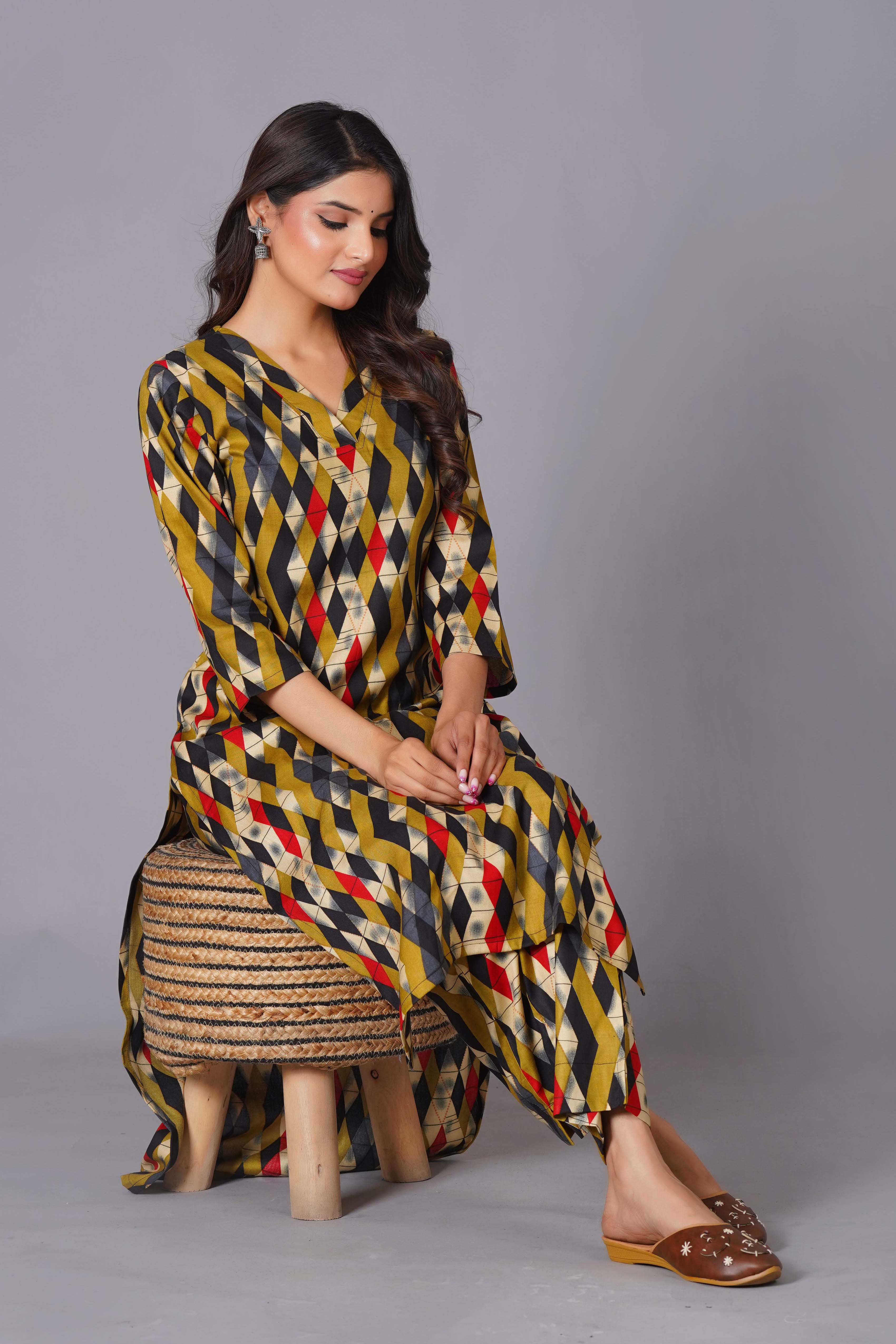 Geometric Flair Multi-Color Rayon Suit Set