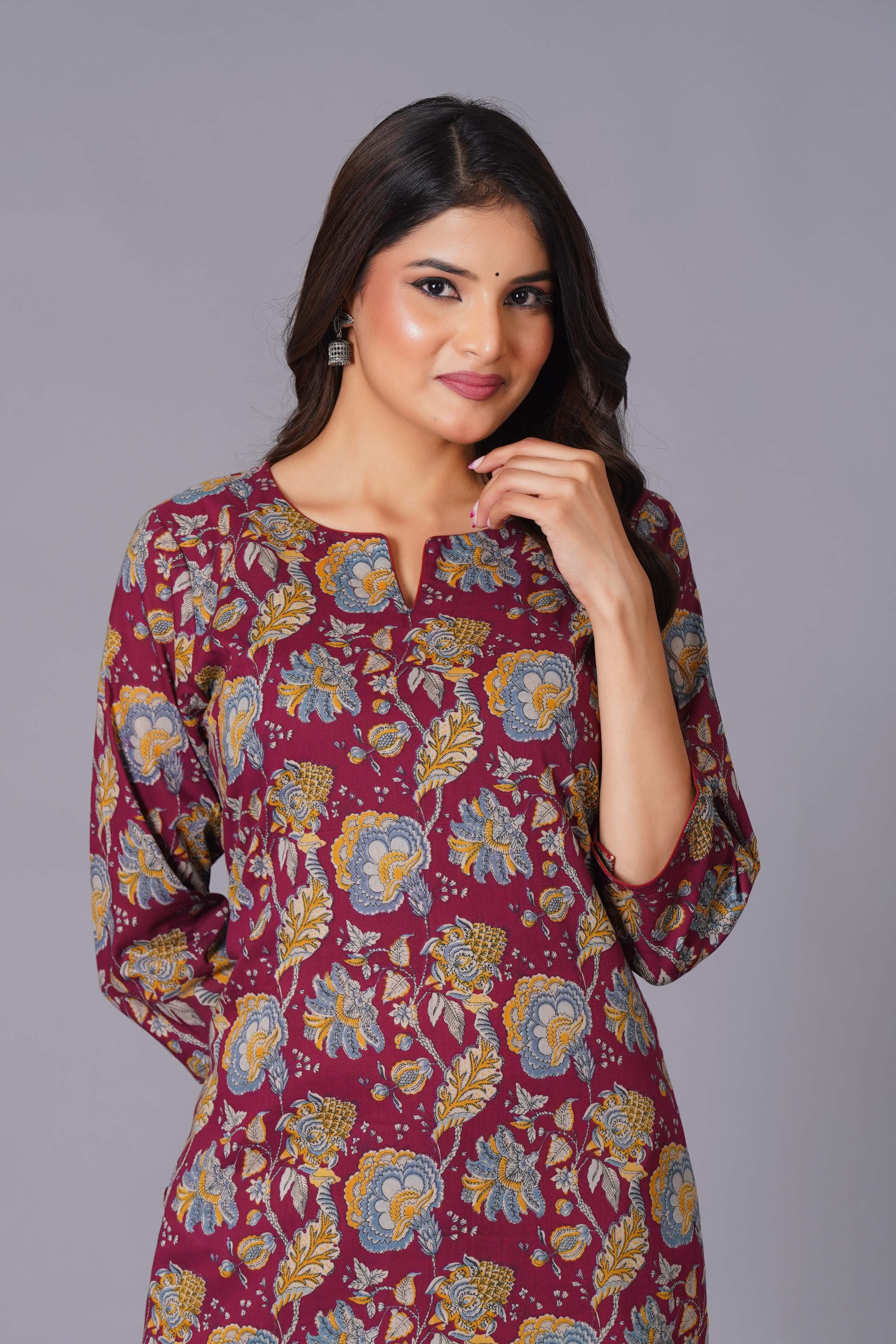 Maroon Finesse Handblock Cotton Kurta Set