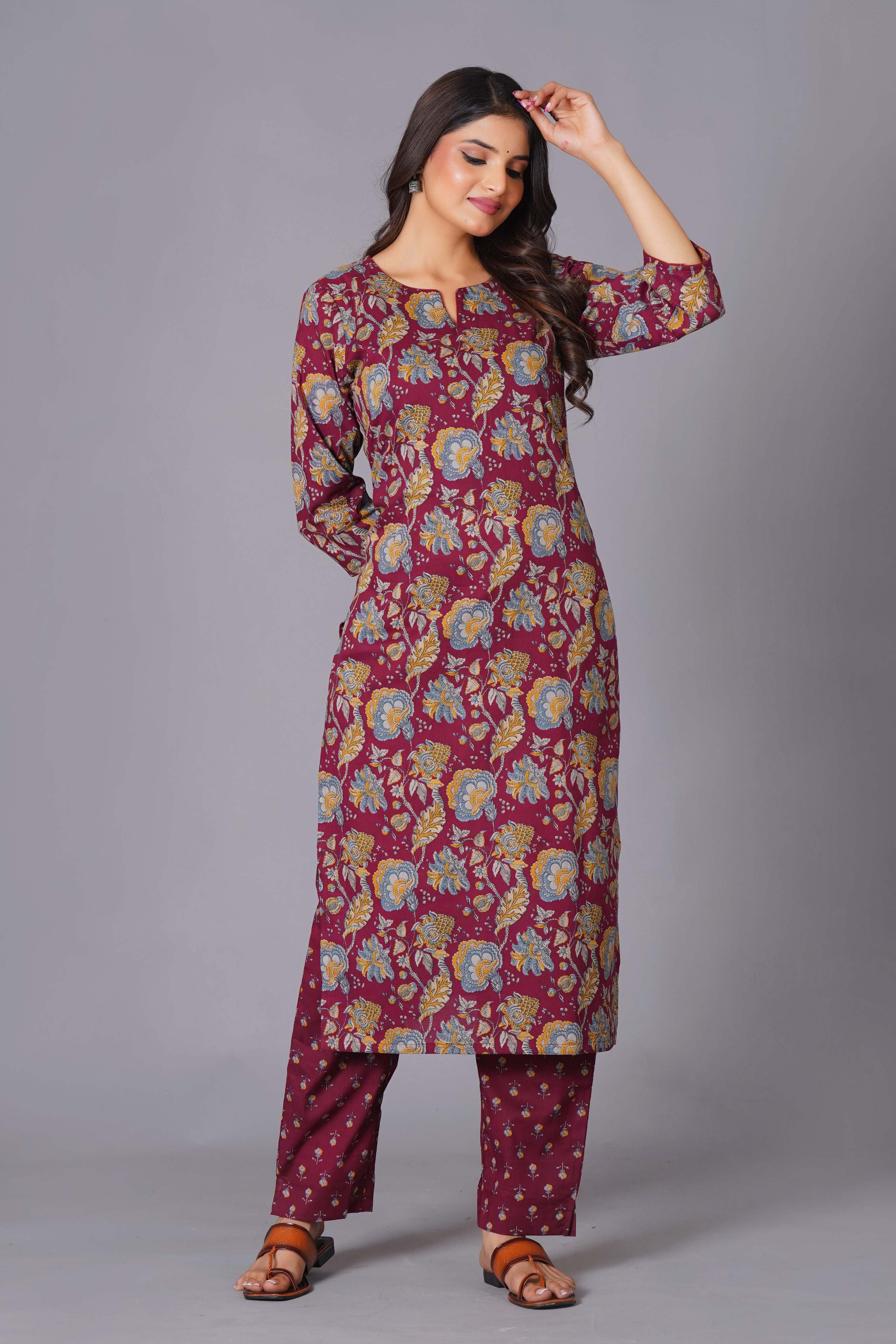 Maroon Finesse Handblock Cotton Kurta Set