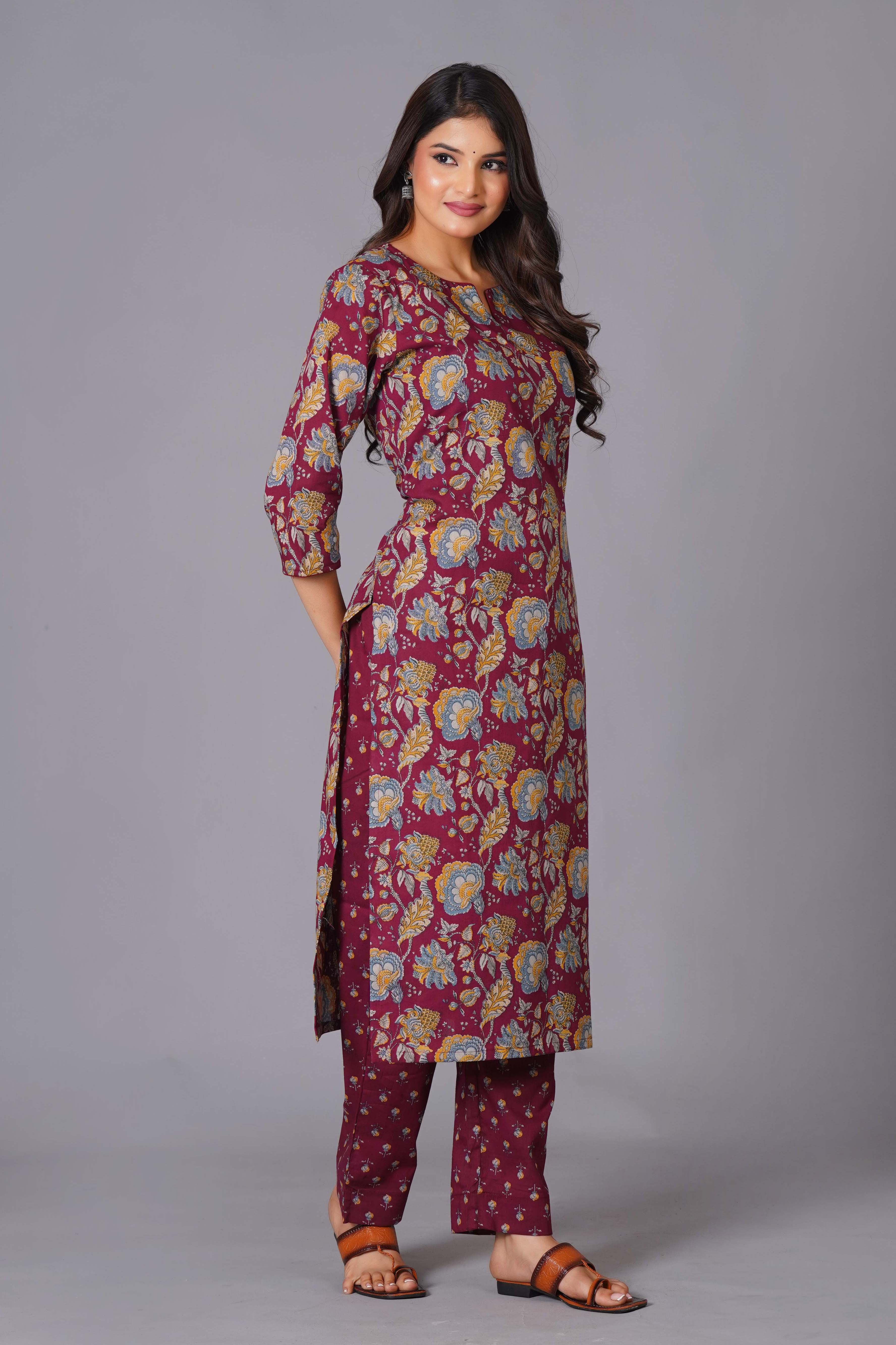 Maroon Finesse Handblock Cotton Kurta Set