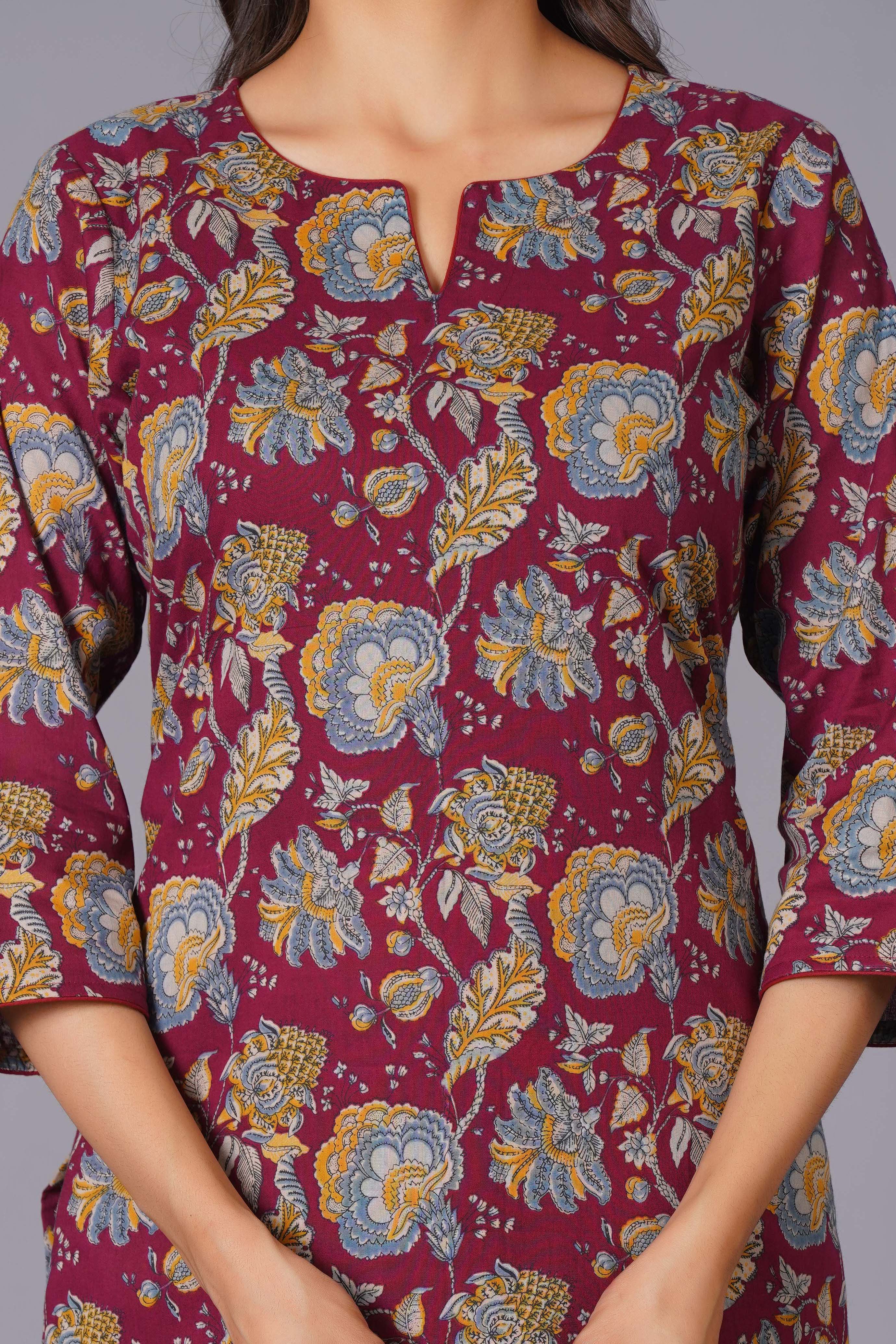 Maroon Finesse Handblock Cotton Kurta Set