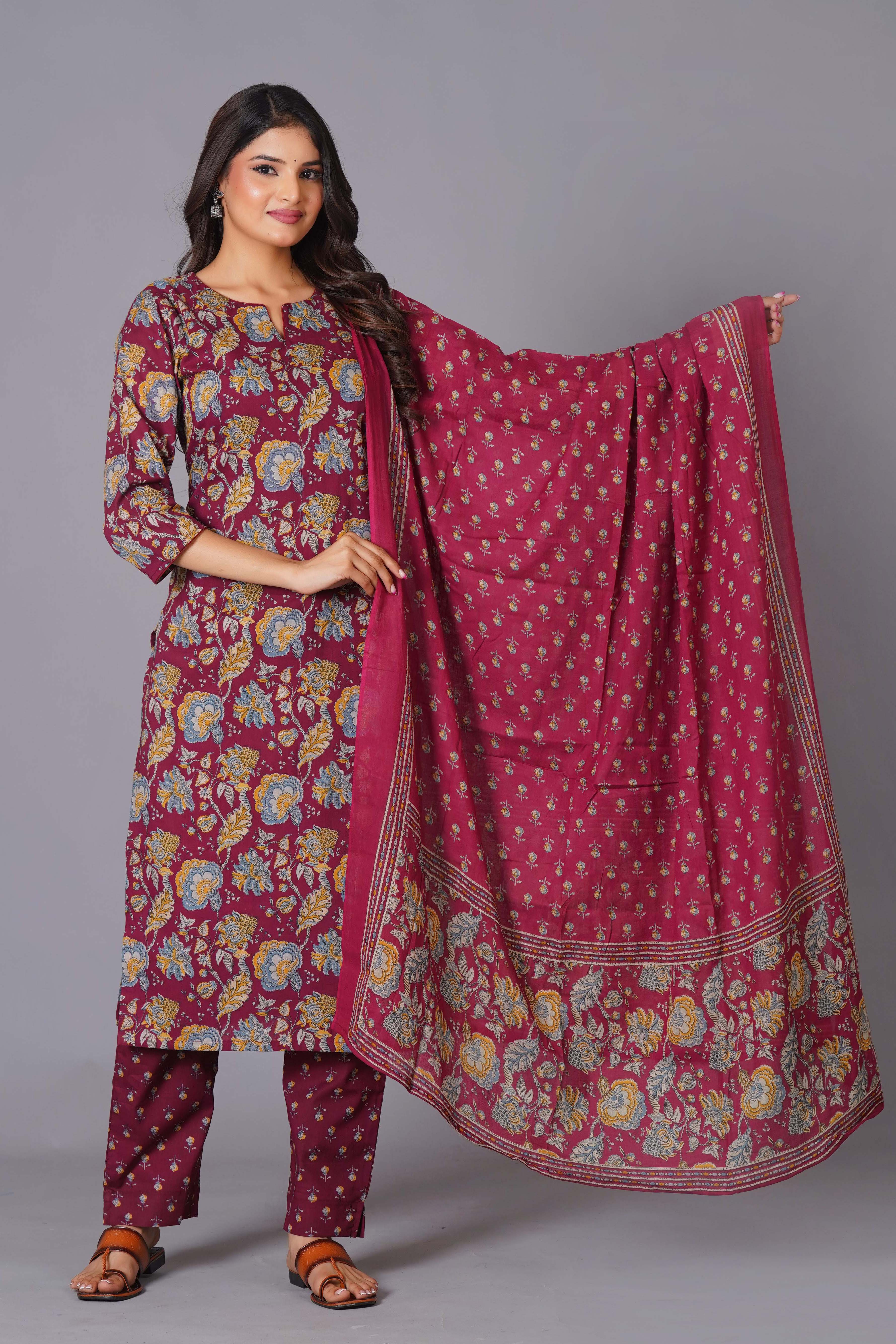 Maroon Finesse Handblock Cotton Kurta Set