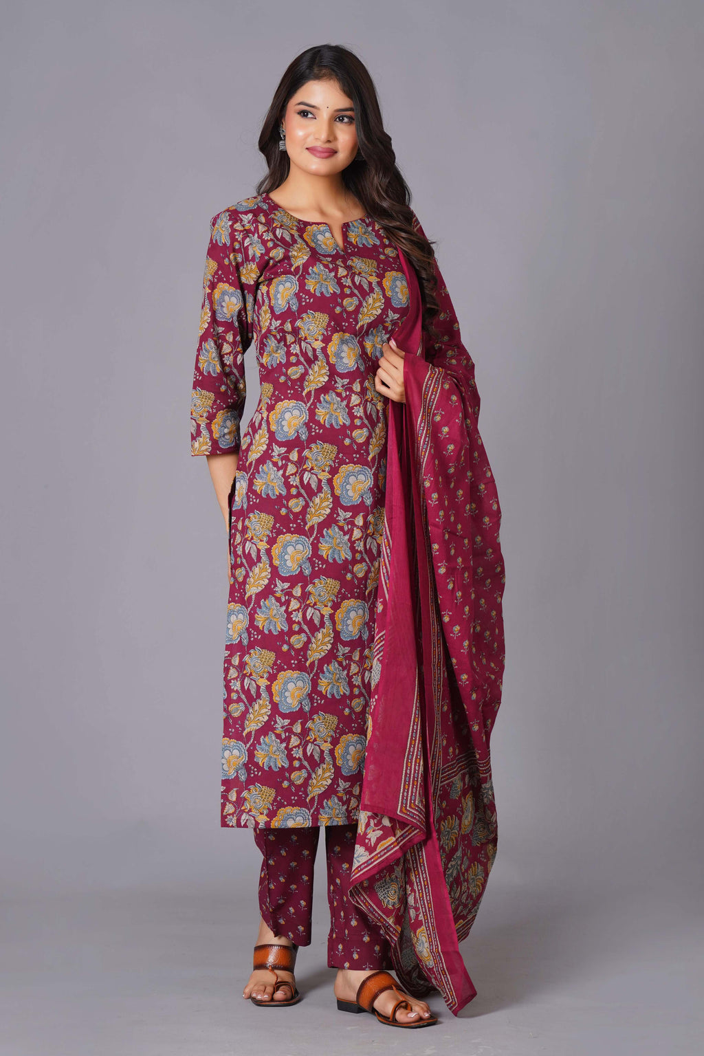 Maroon Finesse Handblock Cotton Kurta Set