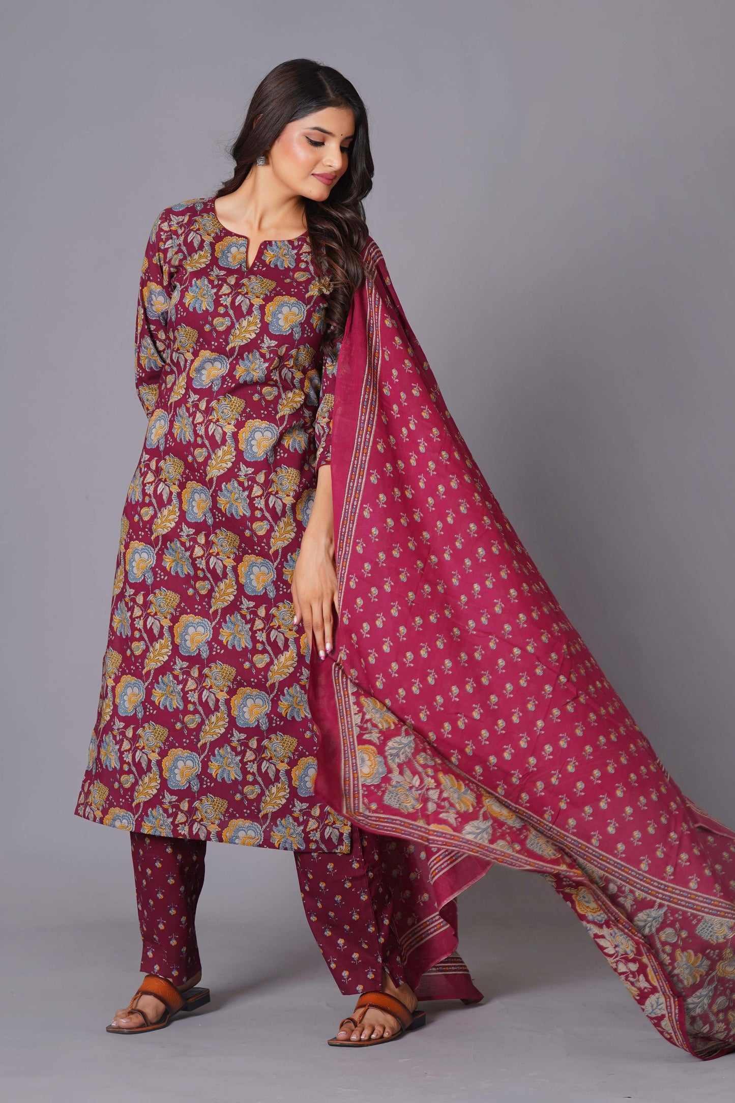 Maroon Finesse Handblock Cotton Kurta Set