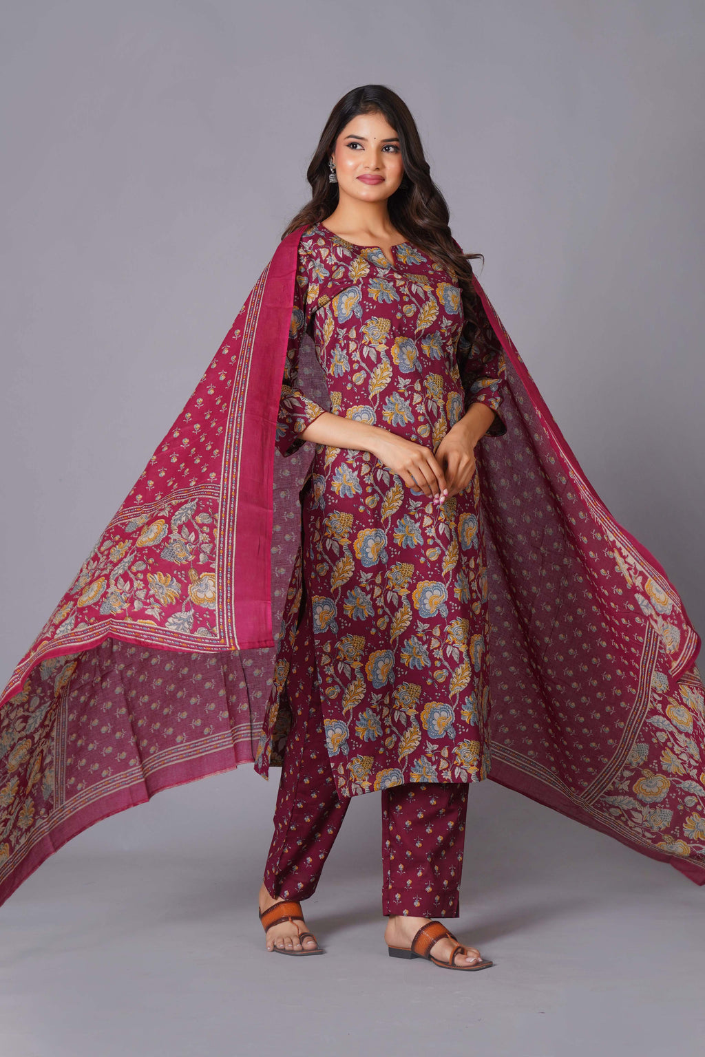 Maroon Finesse Handblock Cotton Kurta Set