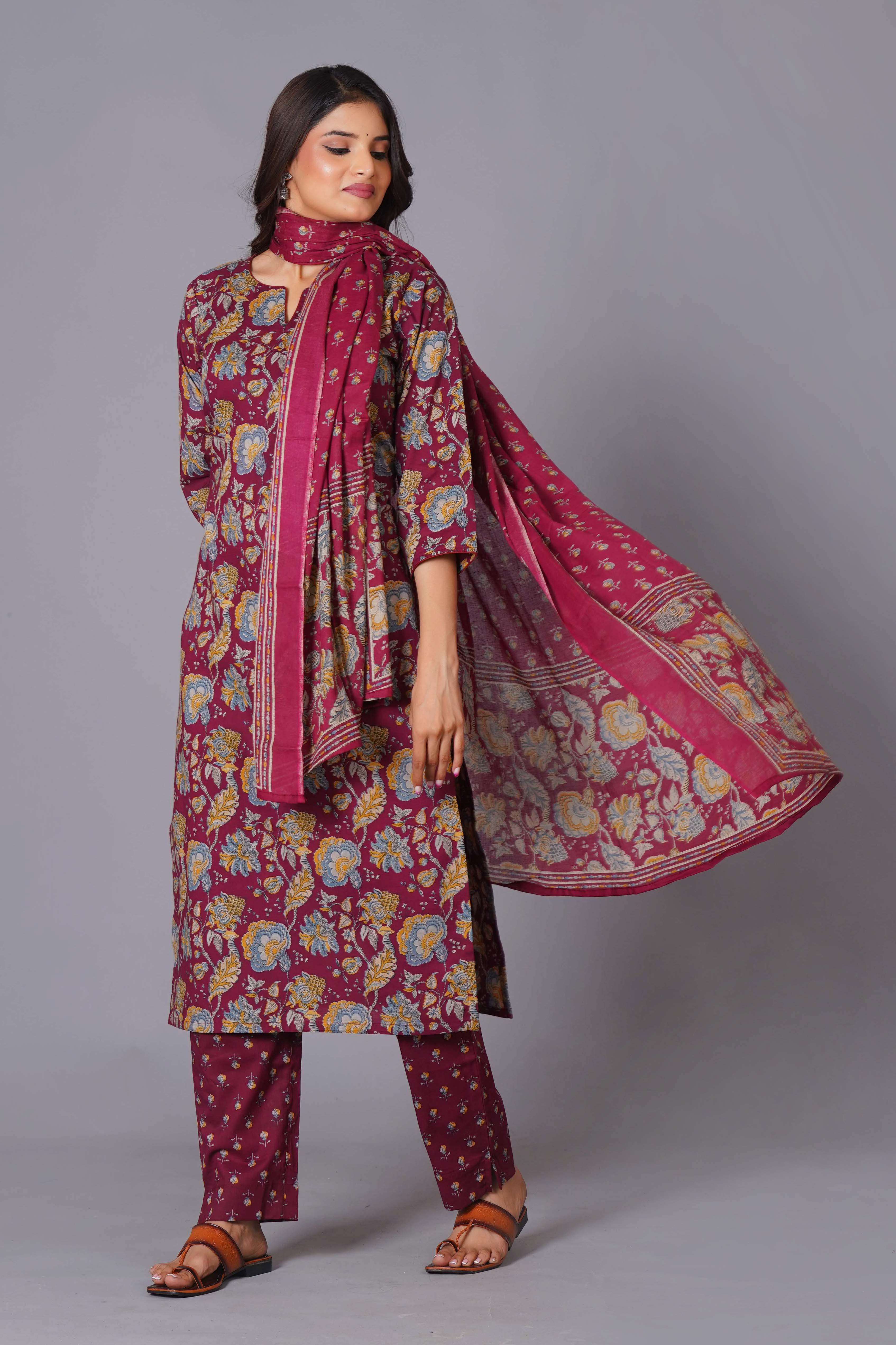 Maroon Finesse Handblock Cotton Kurta Set