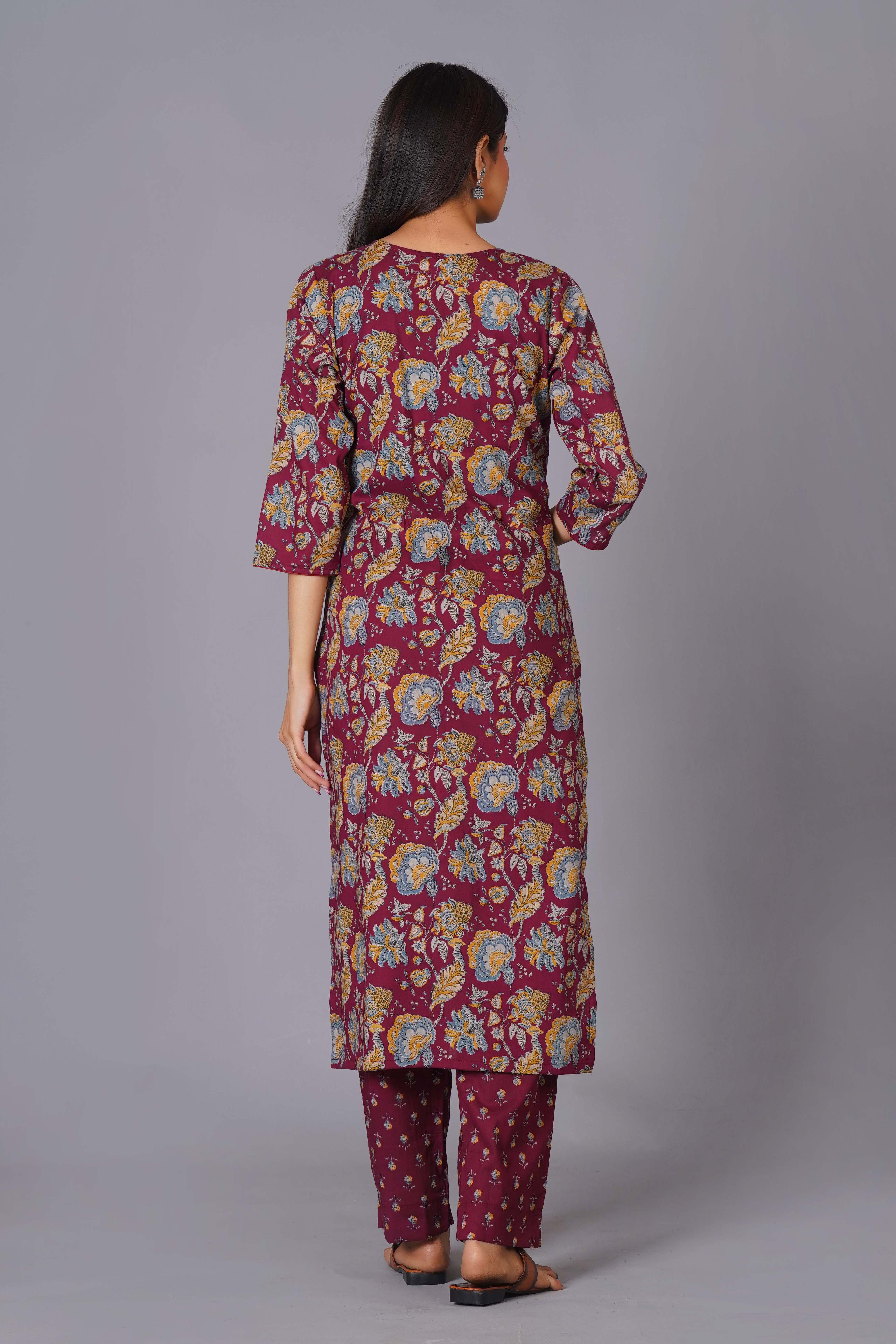 Maroon Finesse Handblock Cotton Kurta Set