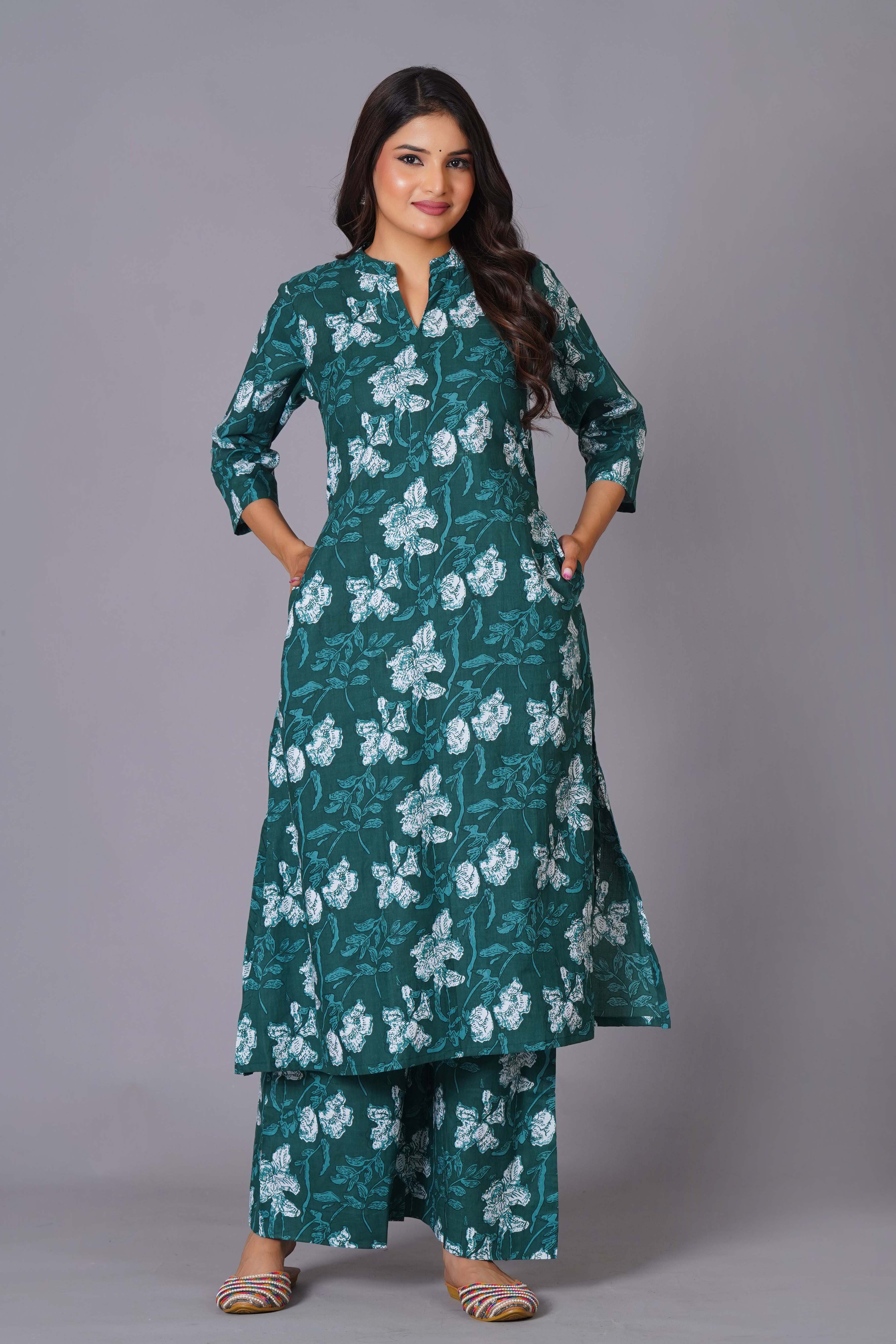 Teal Bloom Cotton Flared Kurta Set