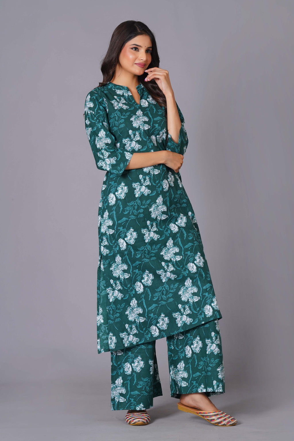 Teal Bloom Cotton Flared Kurta Set