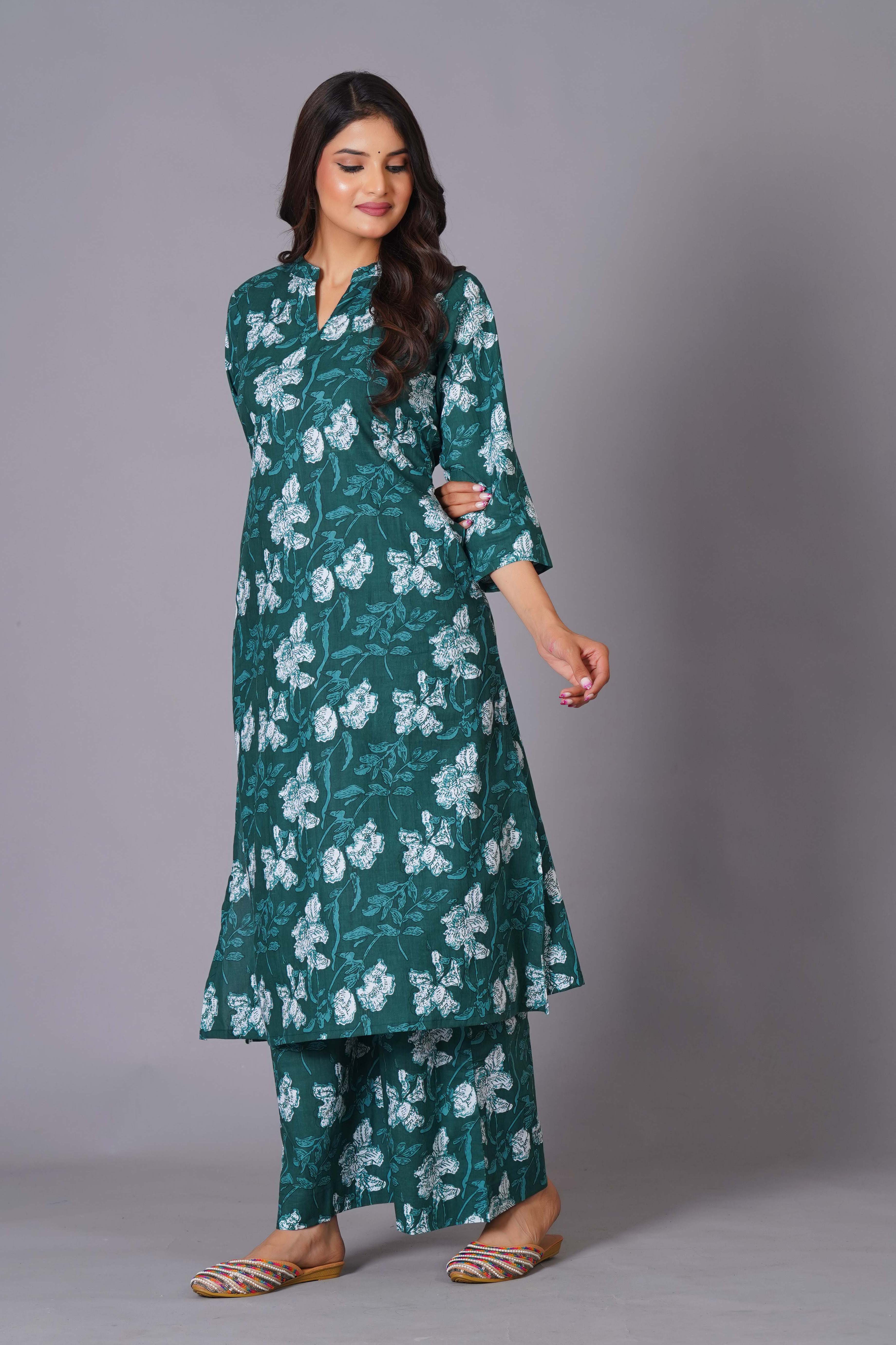 Teal Bloom Cotton Flared Kurta Set