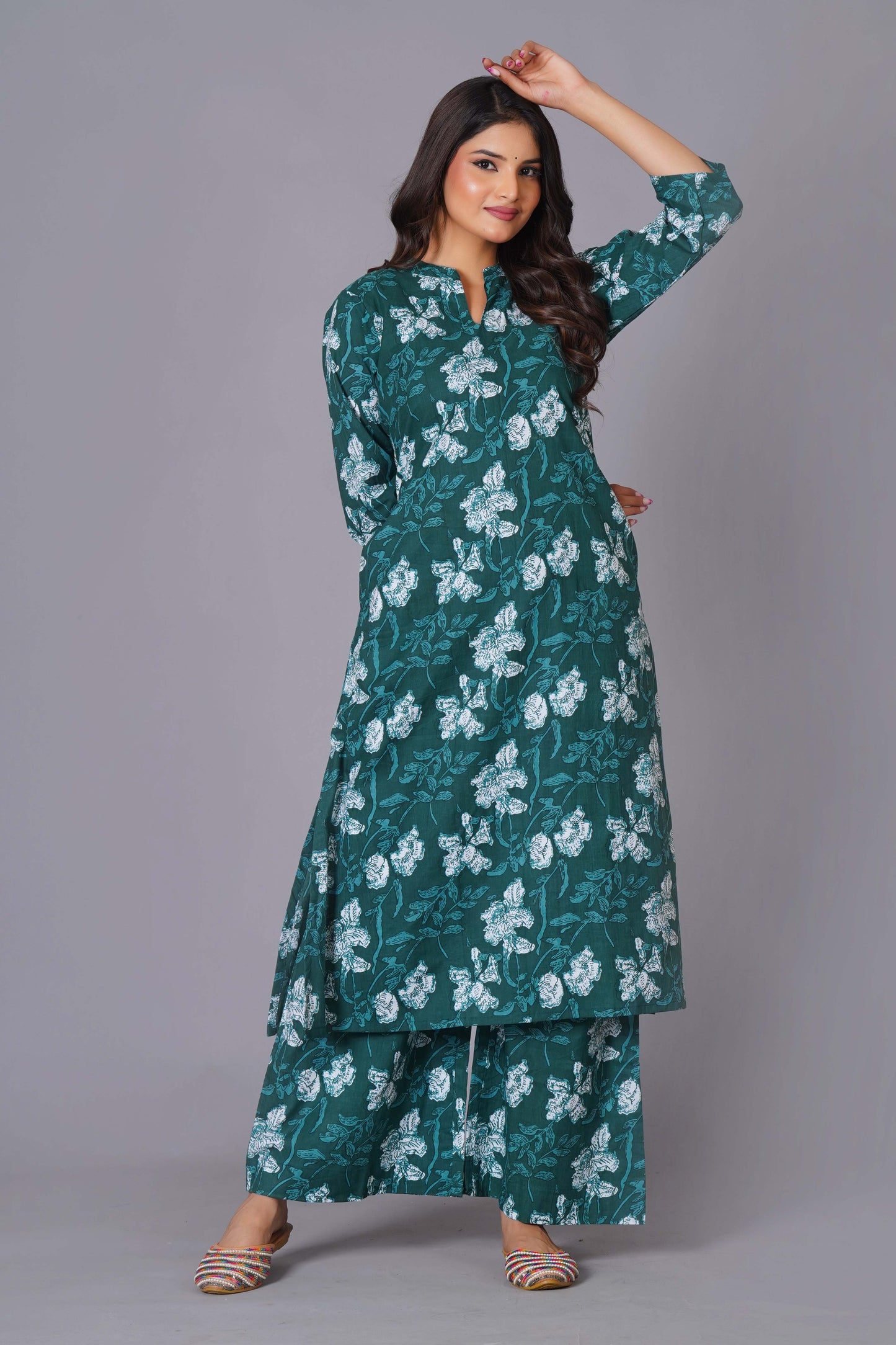 Teal Bloom Cotton Flared Kurta Set