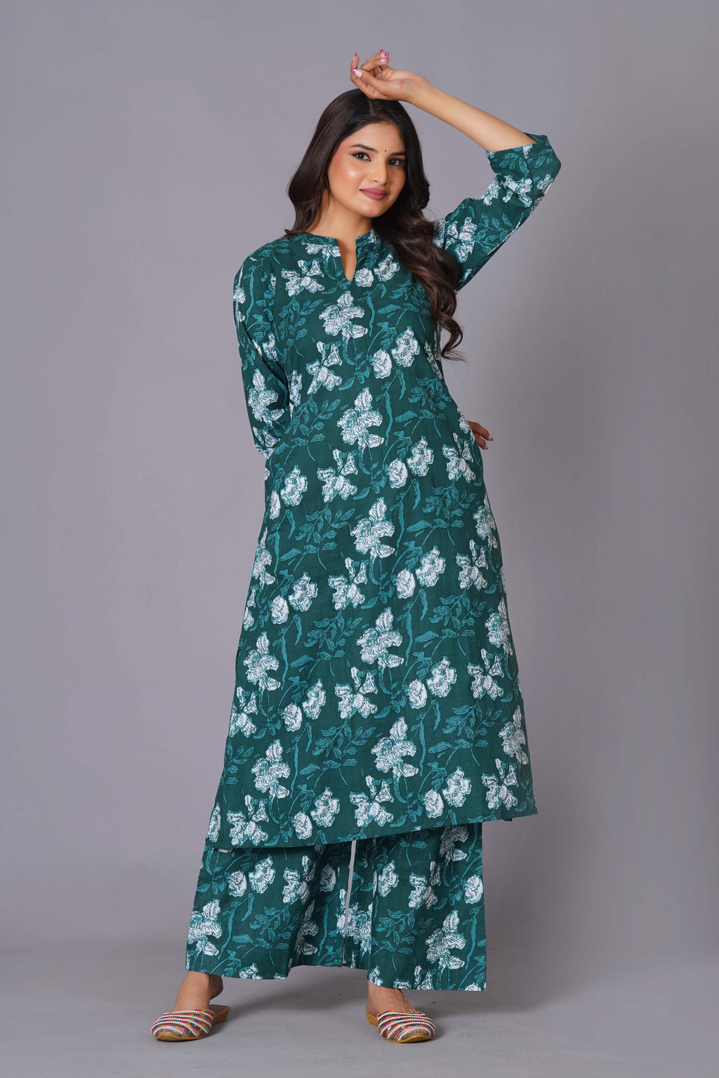 Teal Bloom Cotton Flared Kurta Set