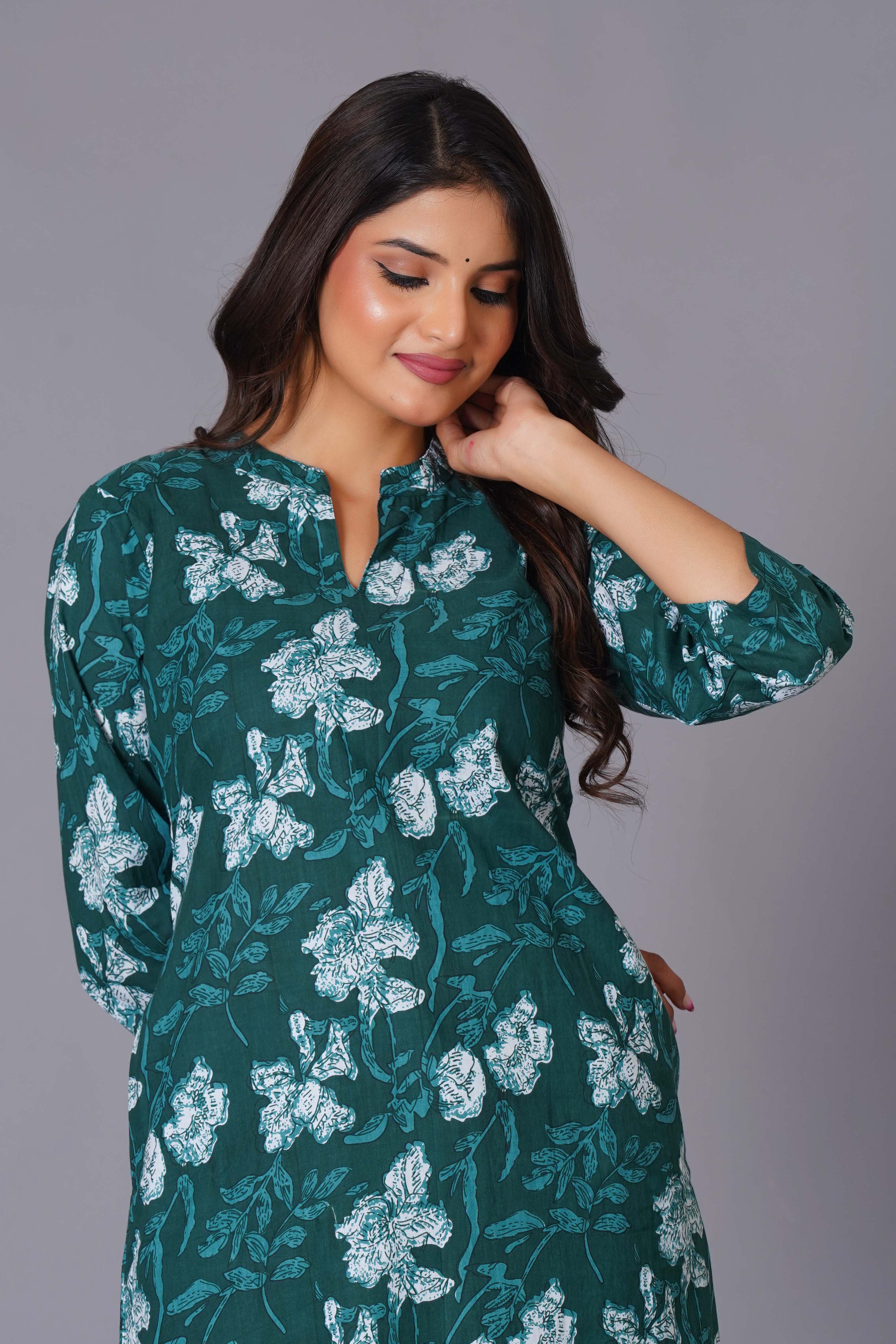 Teal Bloom Cotton Flared Kurta Set