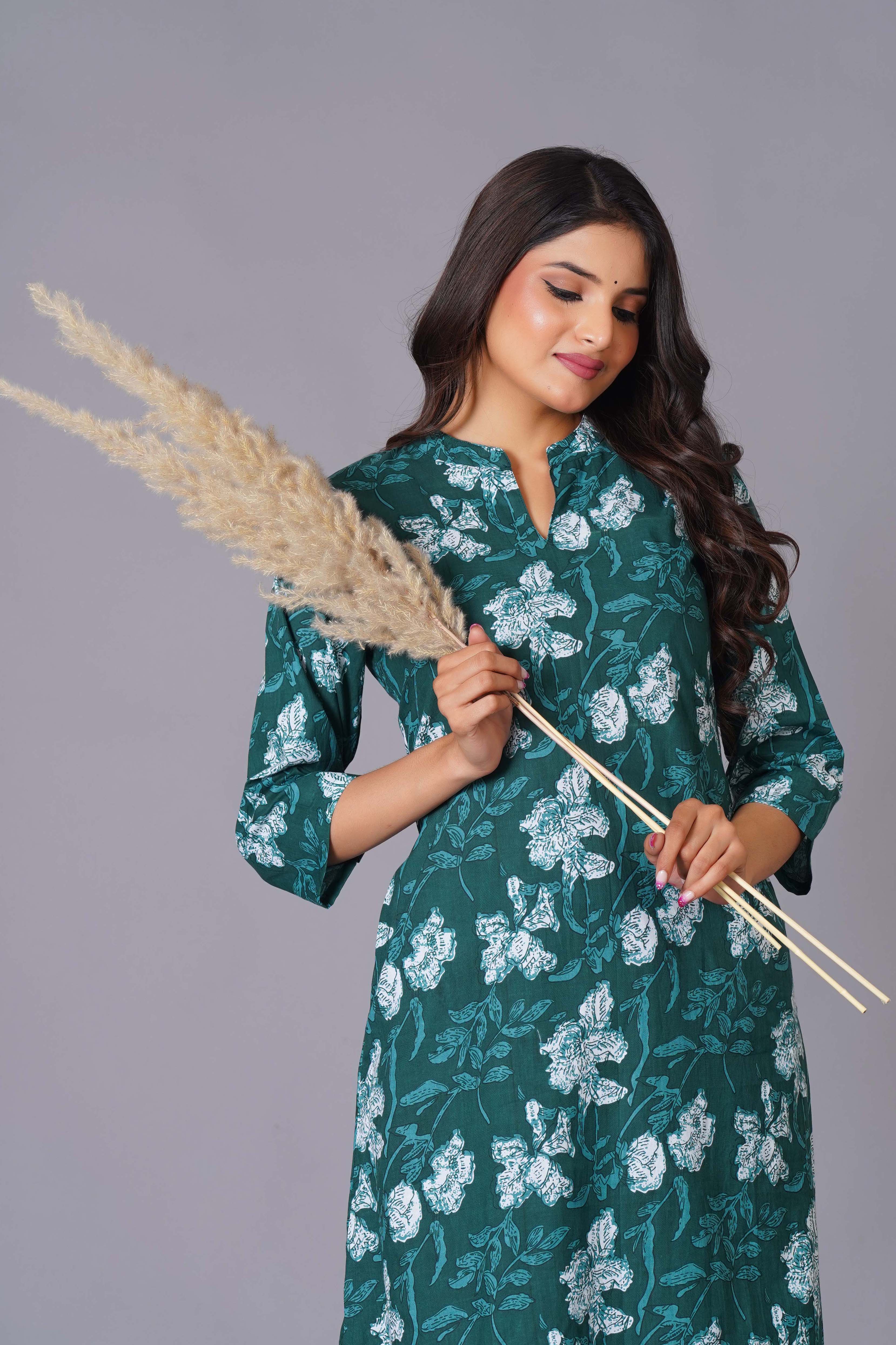 Teal Bloom Cotton Flared Kurta Set