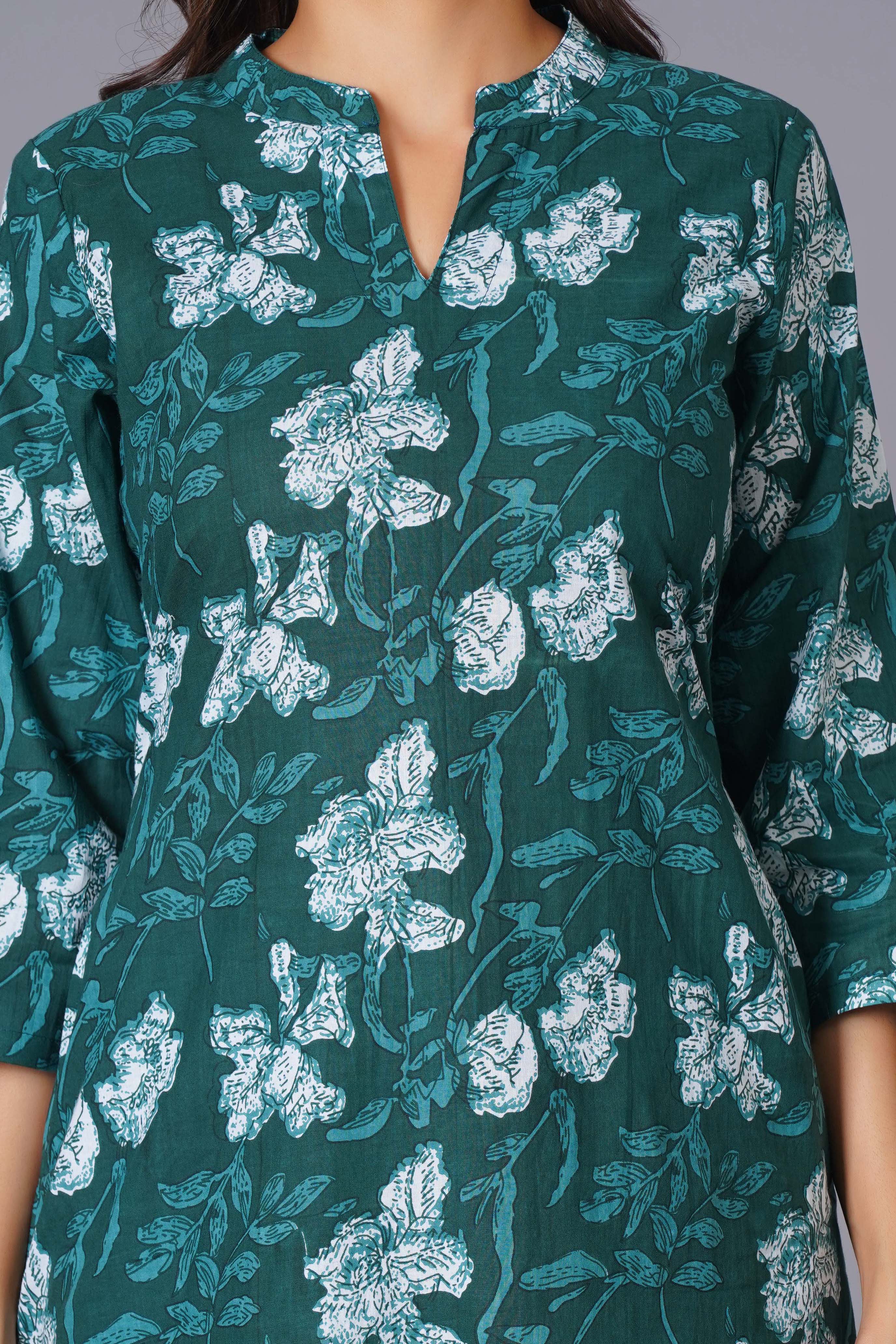 Teal Bloom Cotton Flared Kurta Set