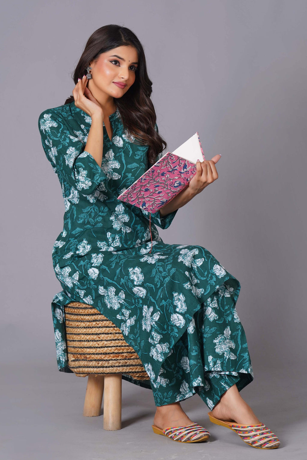 Teal Bloom Cotton Flared Kurta Set