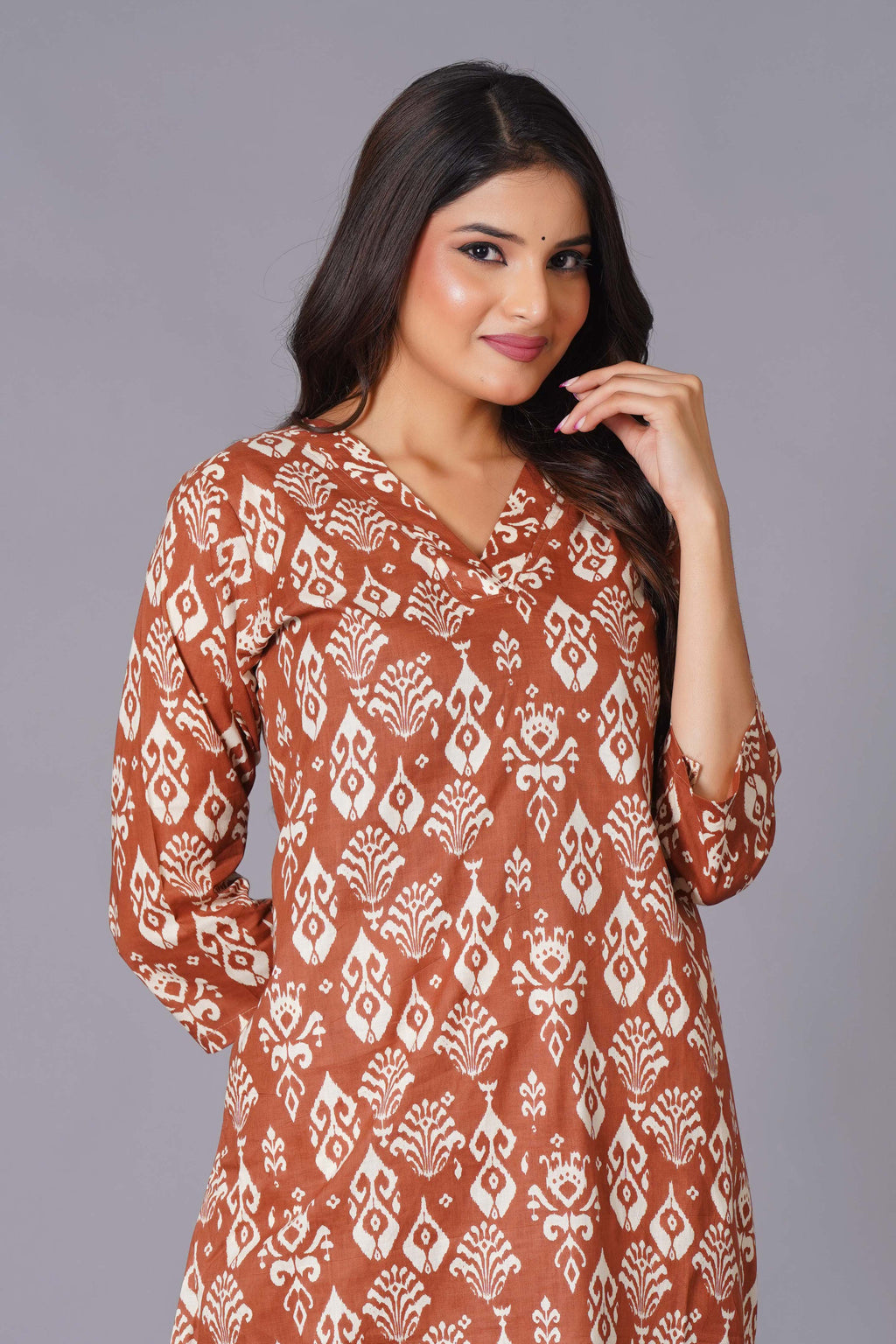 Terracotta Ikat Handblock Cotton Suit Set