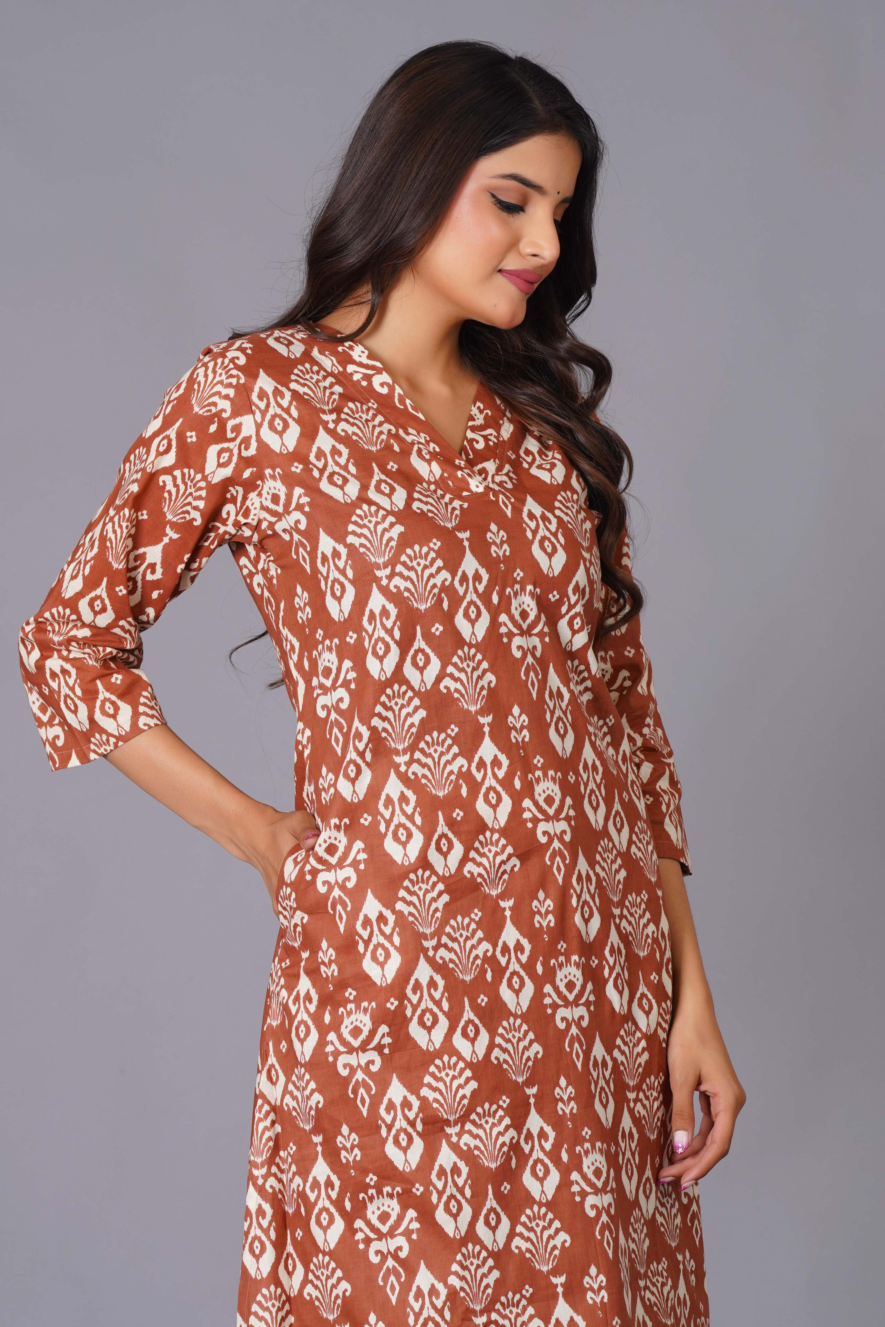 Terracotta Ikat Handblock Cotton Suit Set