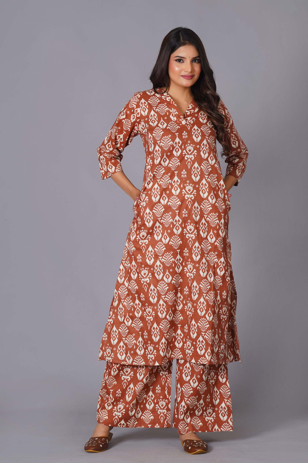 Terracotta Ikat Handblock Cotton Suit Set