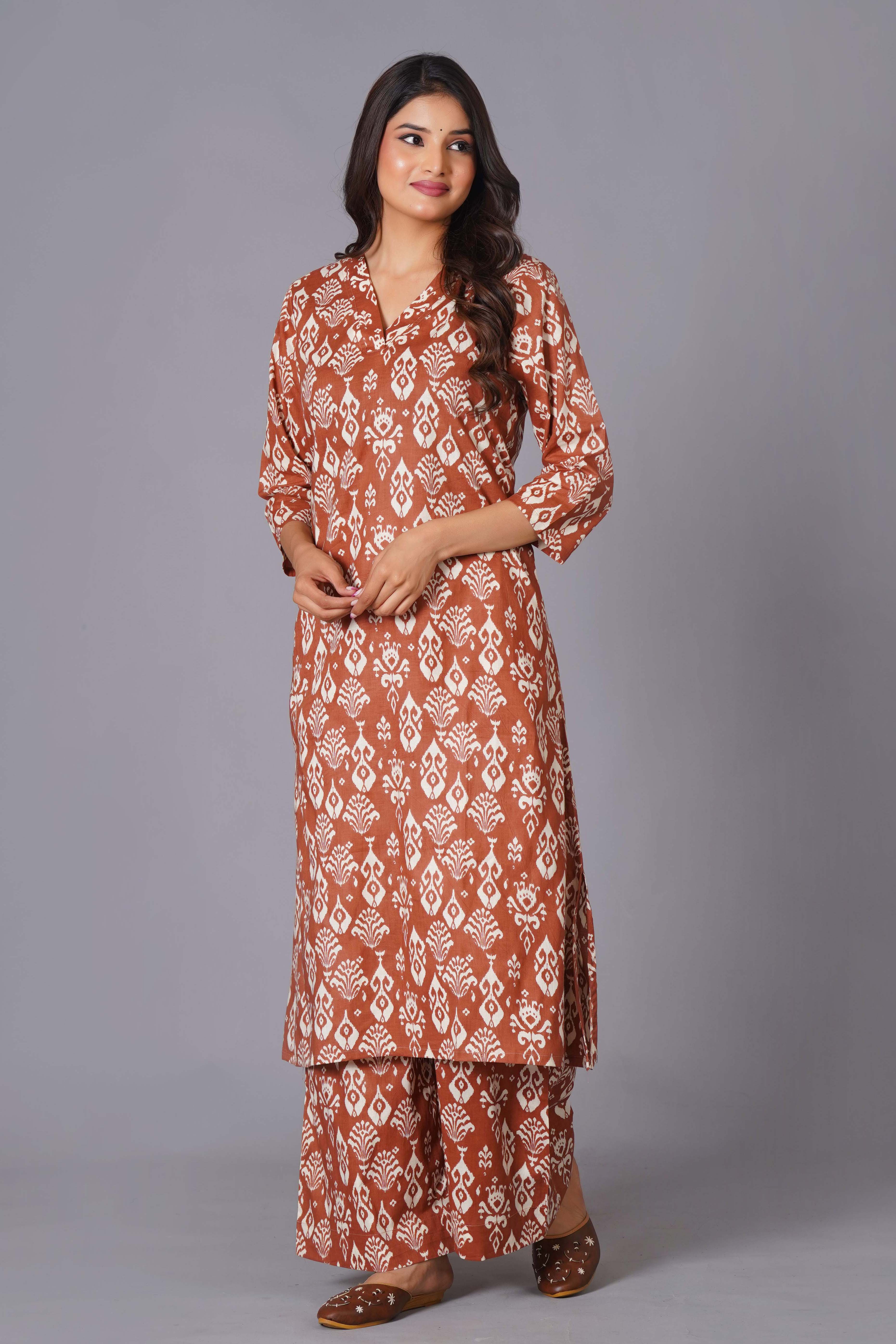 Terracotta Ikat Handblock Cotton Suit Set