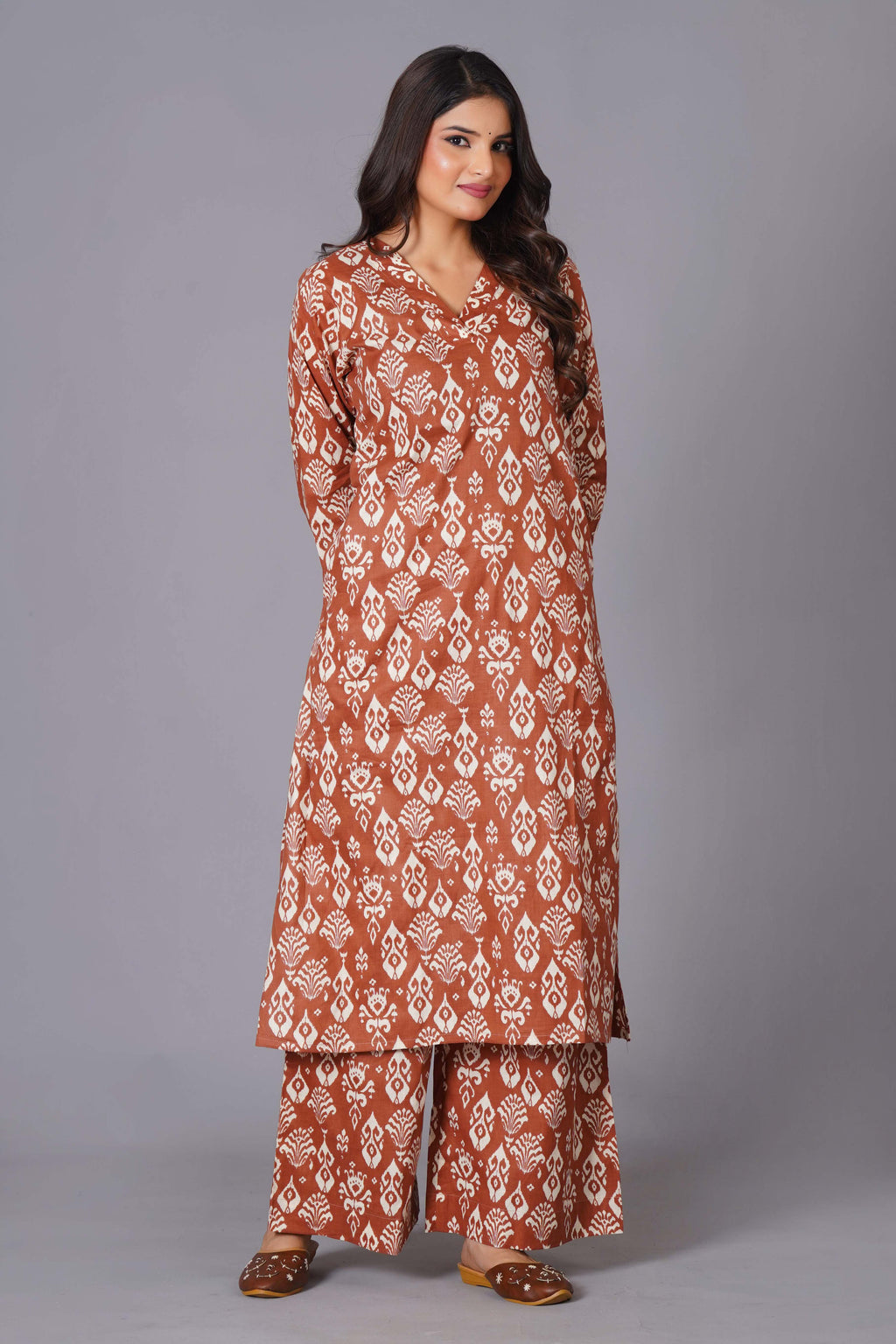 Terracotta Ikat Handblock Cotton Suit Set