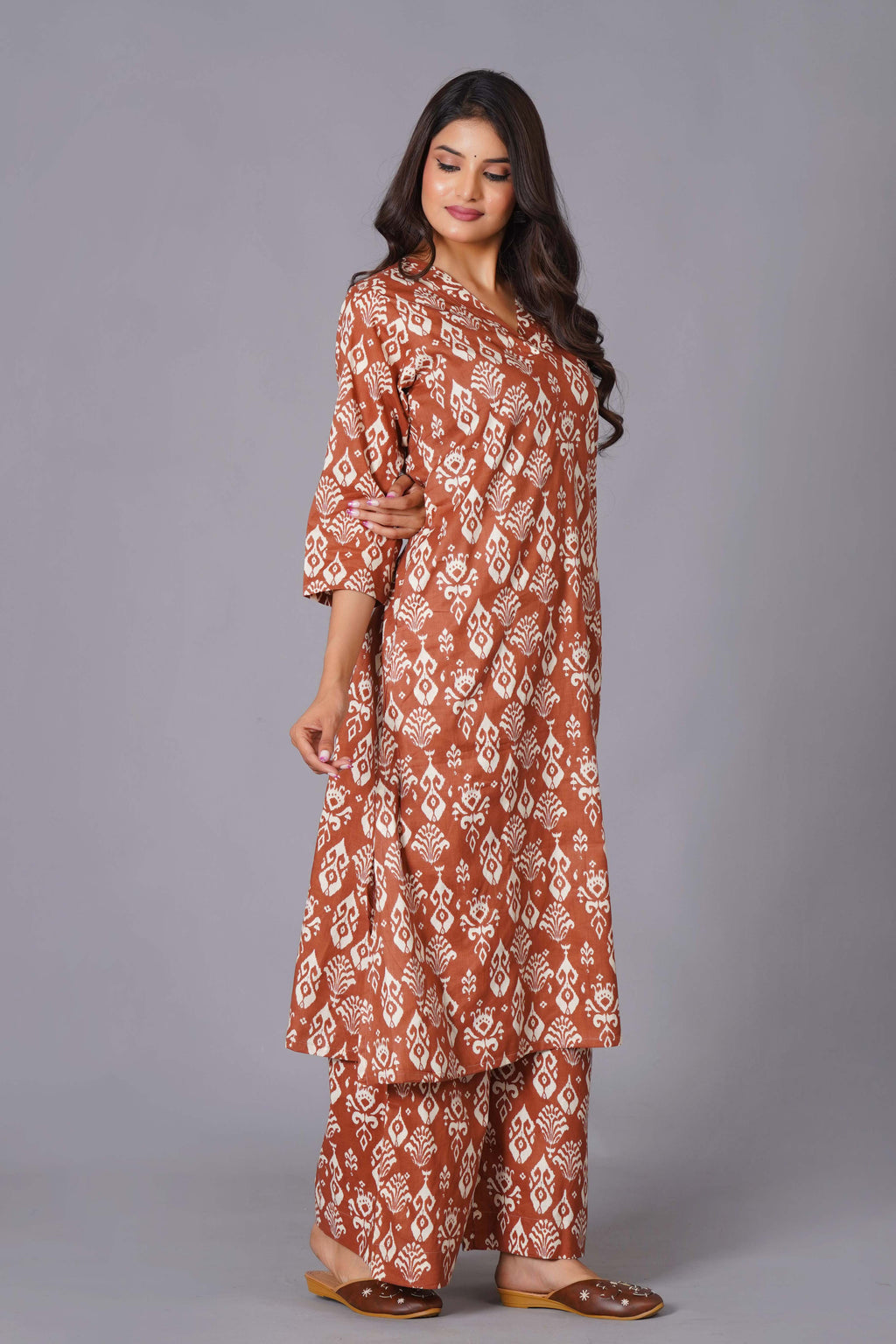 Terracotta Ikat Handblock Cotton Suit Set