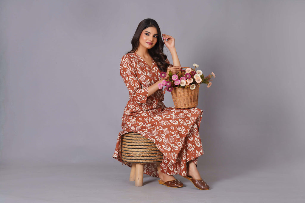 Terracotta Ikat Handblock Cotton Suit Set