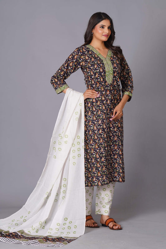 Midnight Paisley Handblock Cotton Suit Set