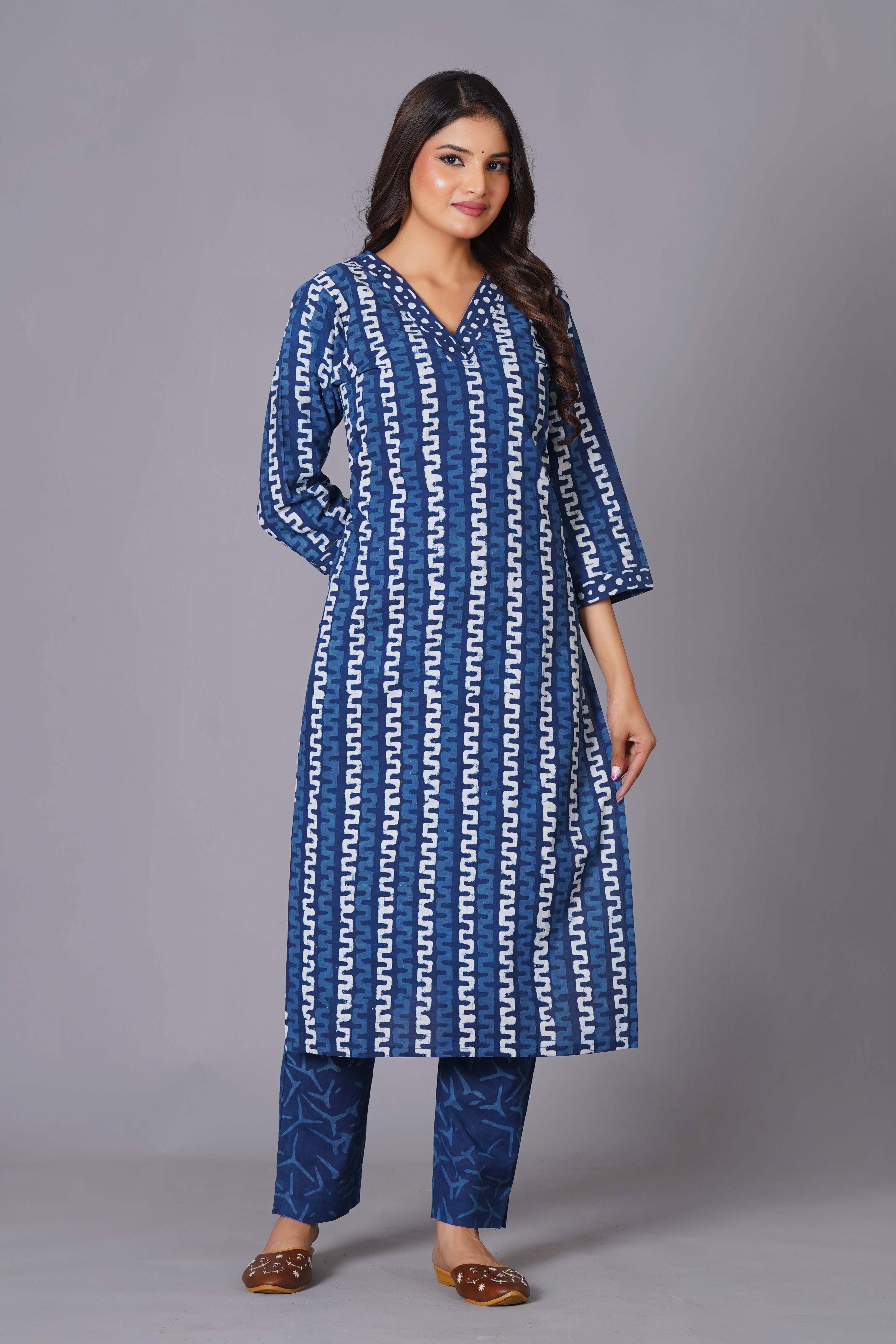 Indigo Maze Handblock Cotton Suit Set