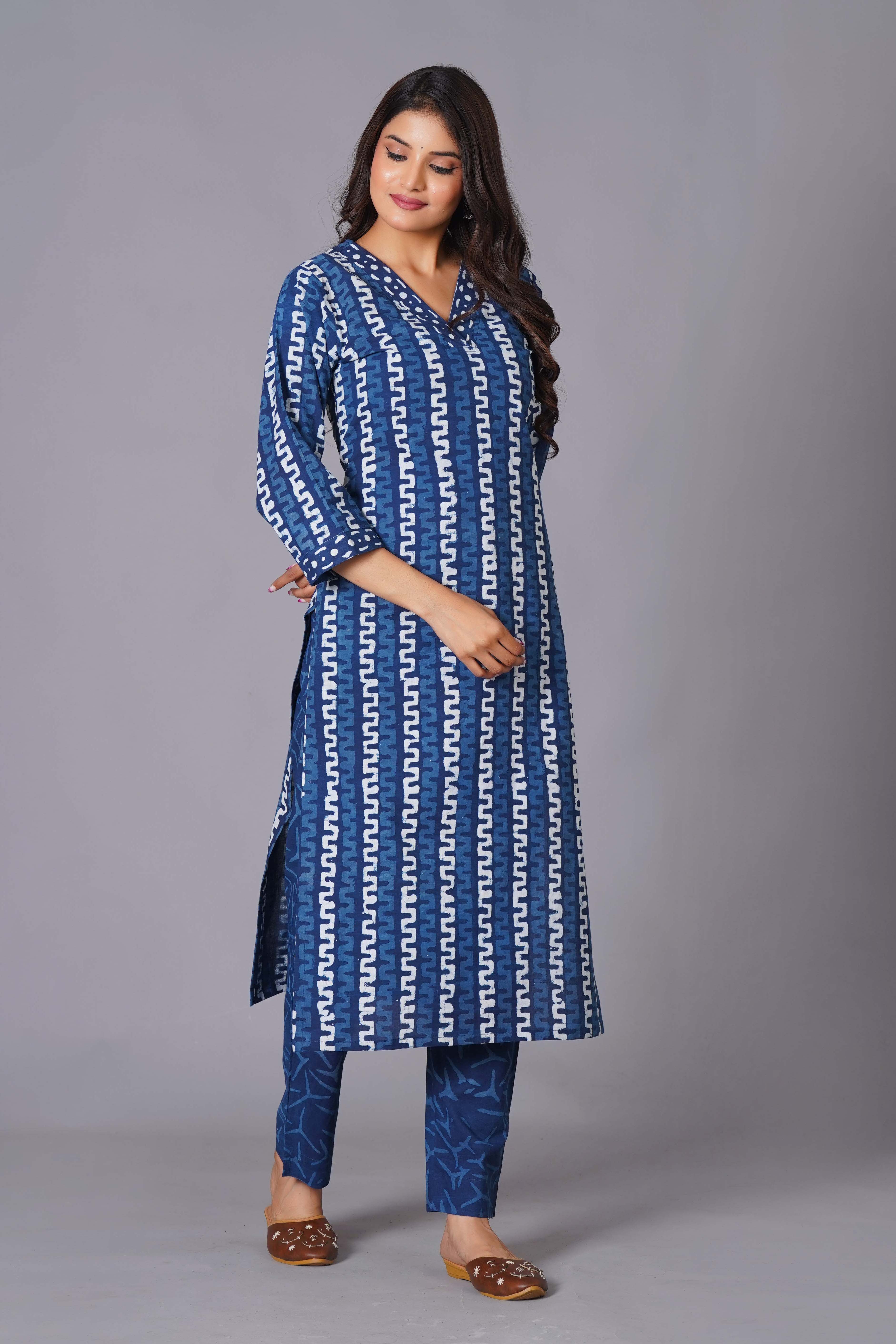 Indigo Maze Handblock Cotton Suit Set